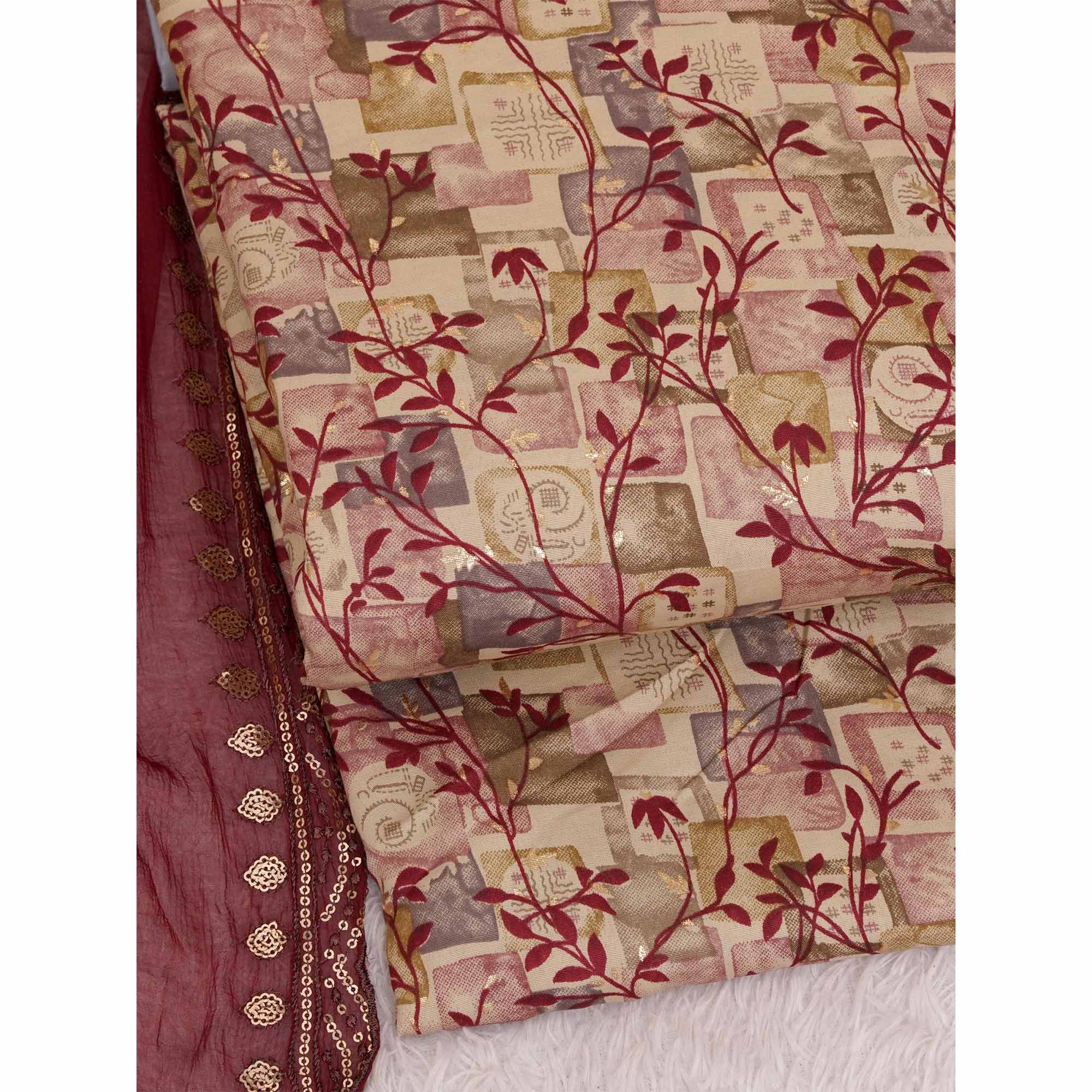 Chikoo & Maroon Foil Printed Cotton Blend Dress Material