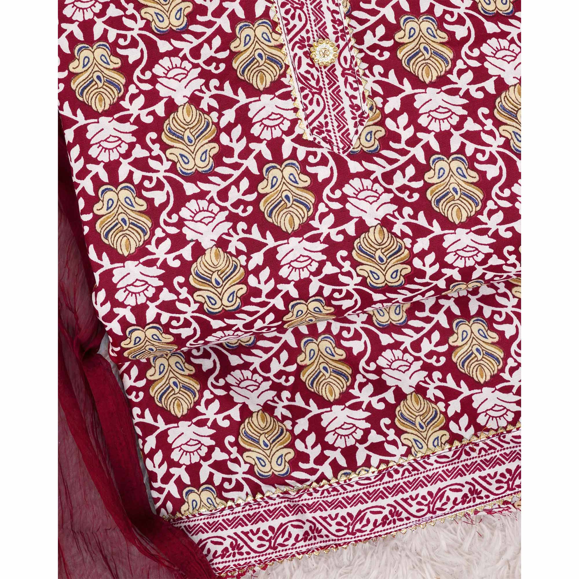 Maroon Foil Printed Cotton Blend Dress Material
