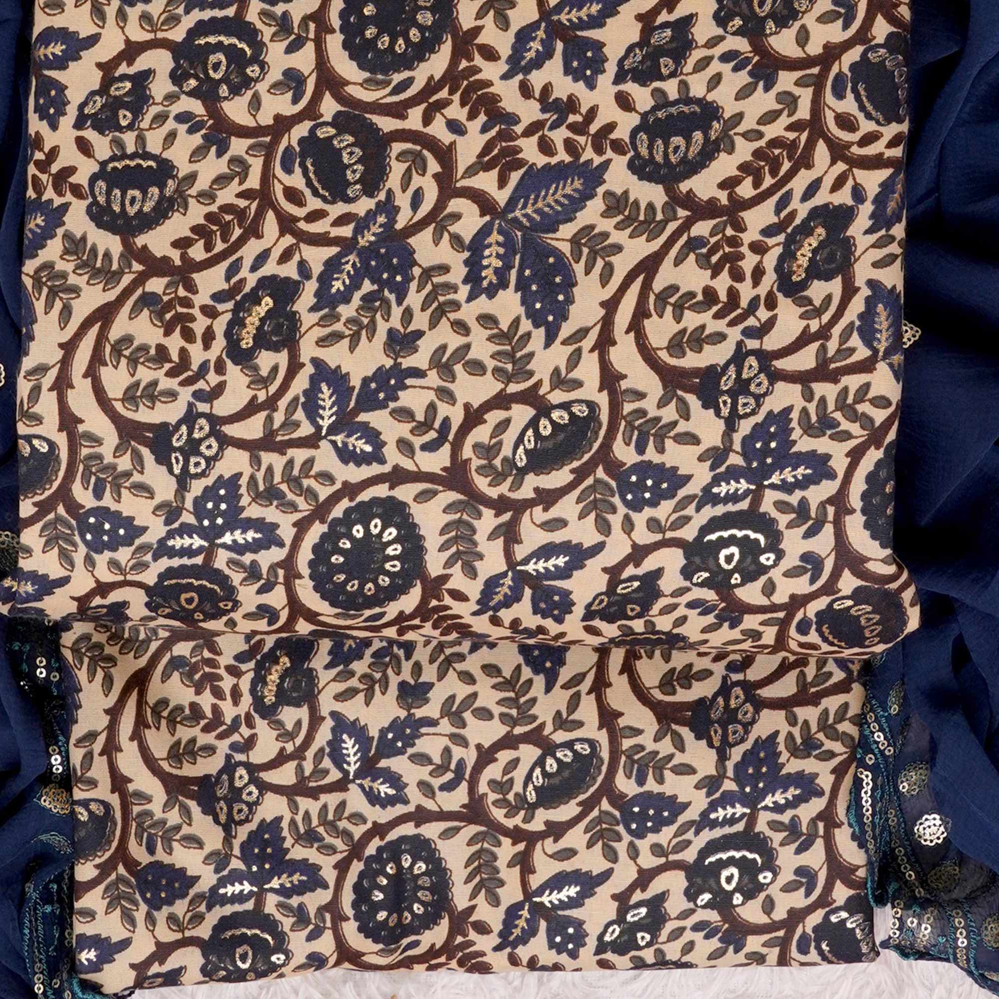 Navy Blue Foil Printed Cotton Blend Dress Material