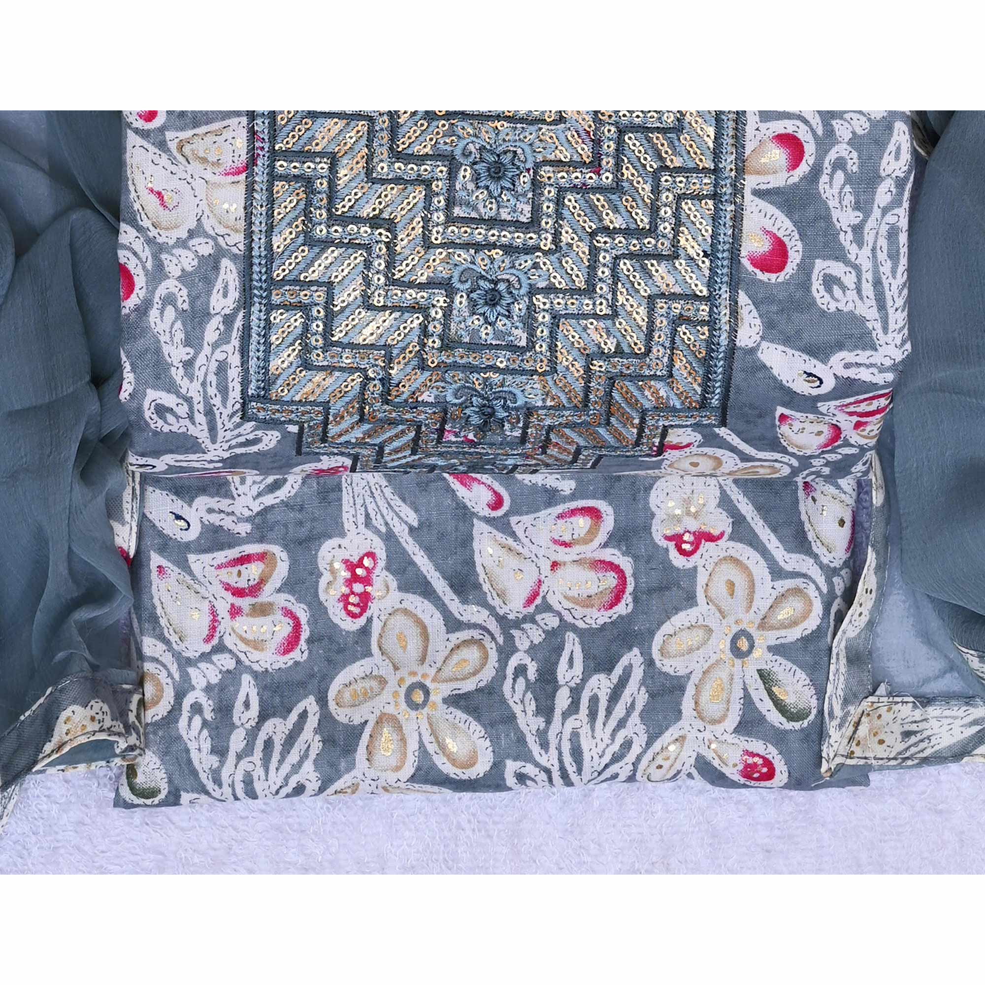 Grey Foil Printed With Sequins Embroidery Cotton Blend Dress Material