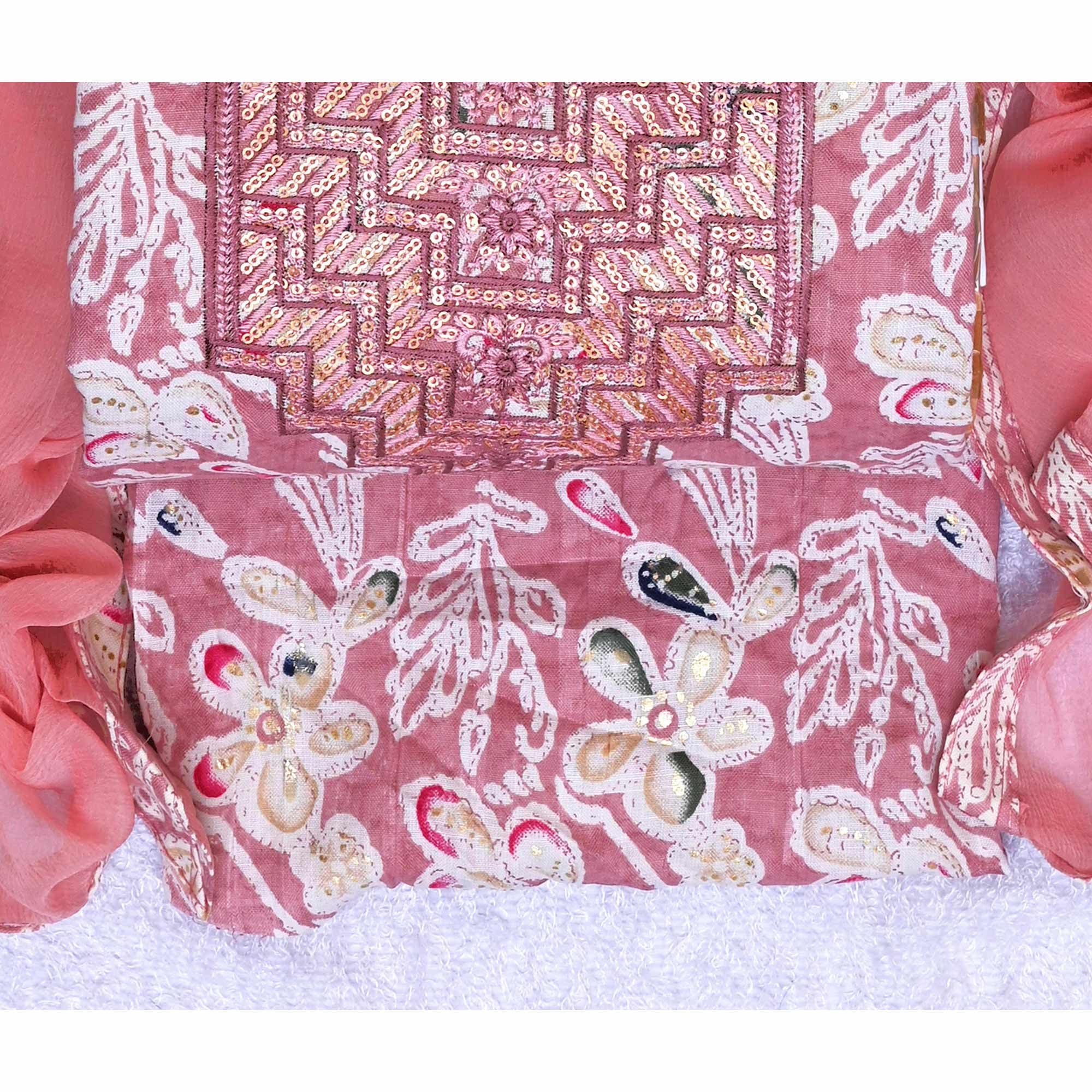 Peach Foil Printed With Sequins Embroidery Cotton Blend Dress Material