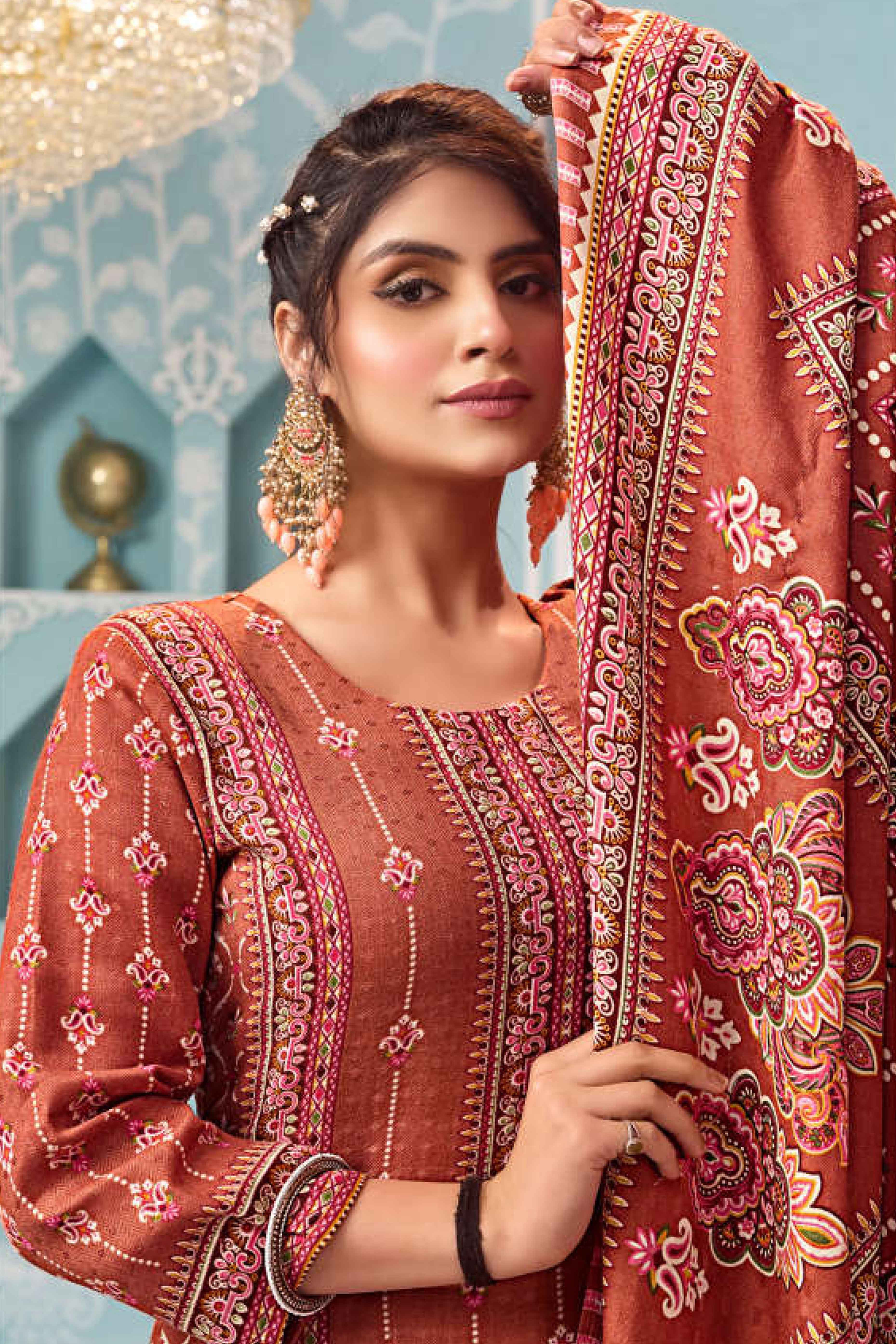 Rust Floral Print Pashmina Fabric Set Designed for Warm and Stylish Ethnic Wear