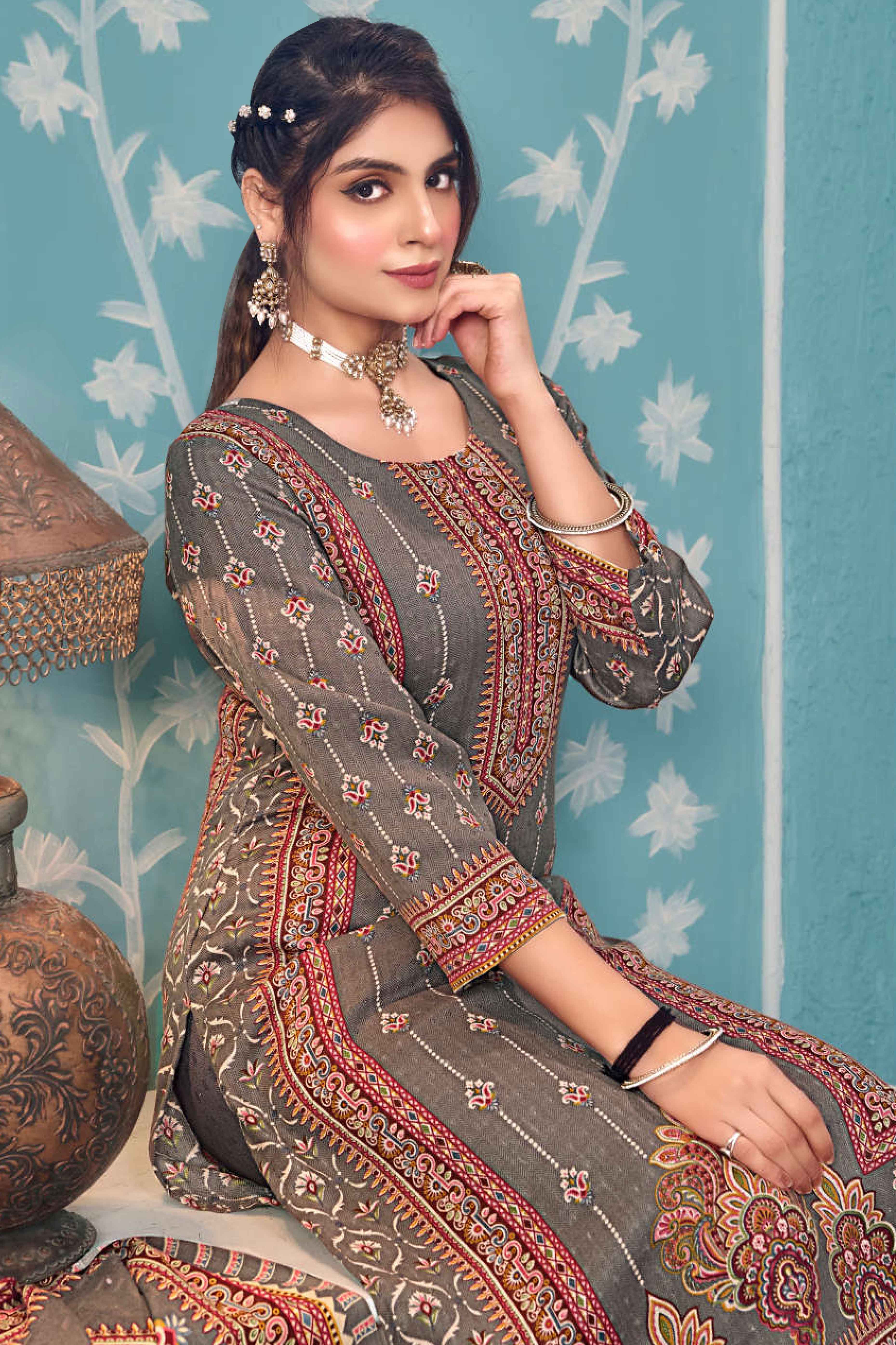 Grey Floral Print Pashmina Fabric Set Designed for Warm and Stylish Ethnic Wear
