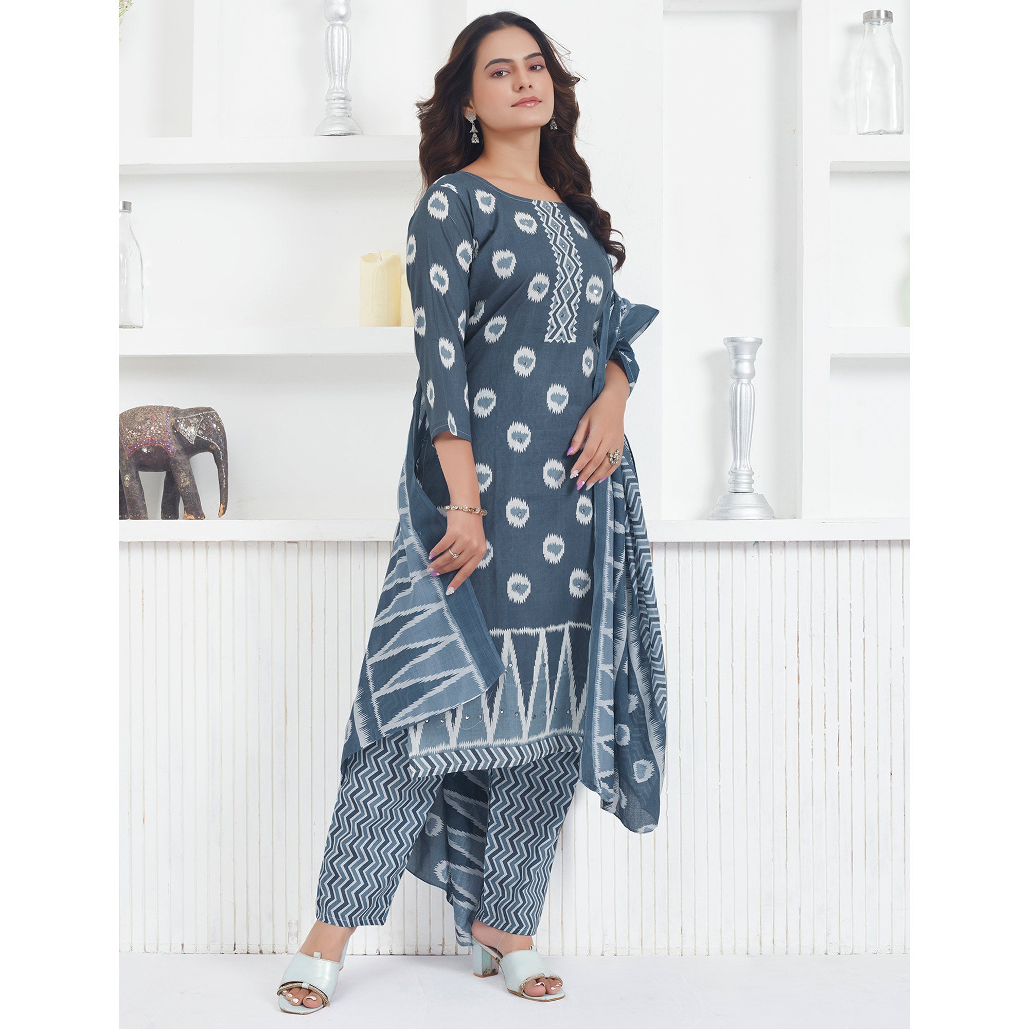 Grey Printed Pure Cotton Salwar Suit With Mirror Work