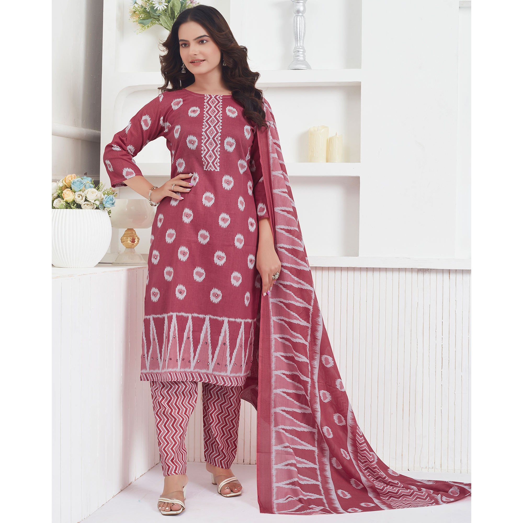 Light Red Printed Pure Cotton Salwar Suit With Mirror Work