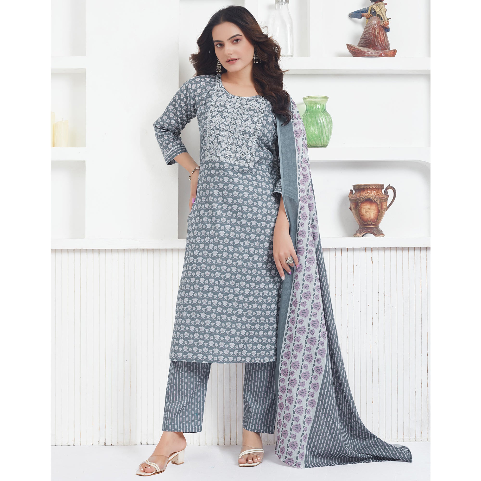 Grey Printed Pure Cotton Salwar Suit With Sequins Work