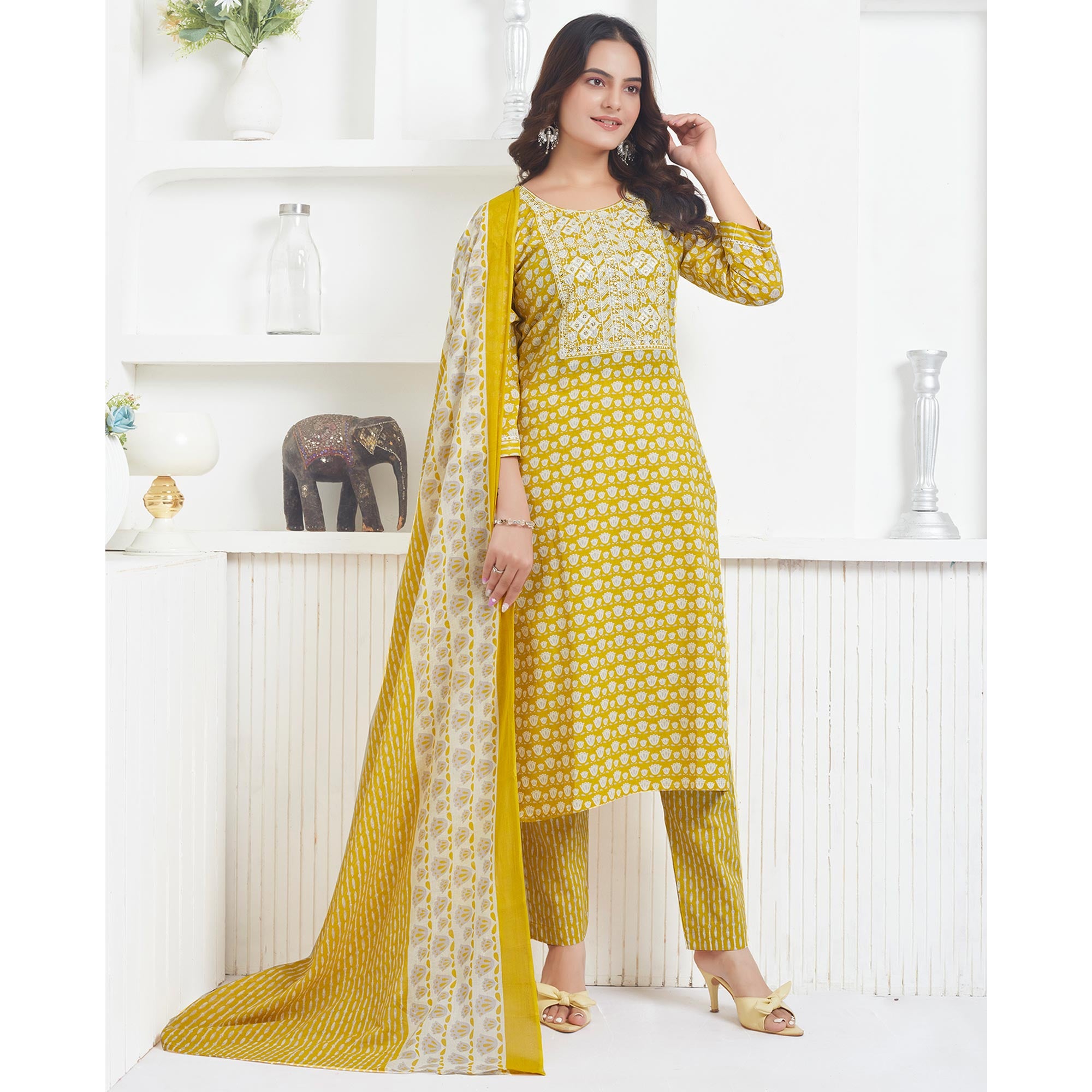 Mustard Printed Pure Cotton Salwar Suit With Sequins Work