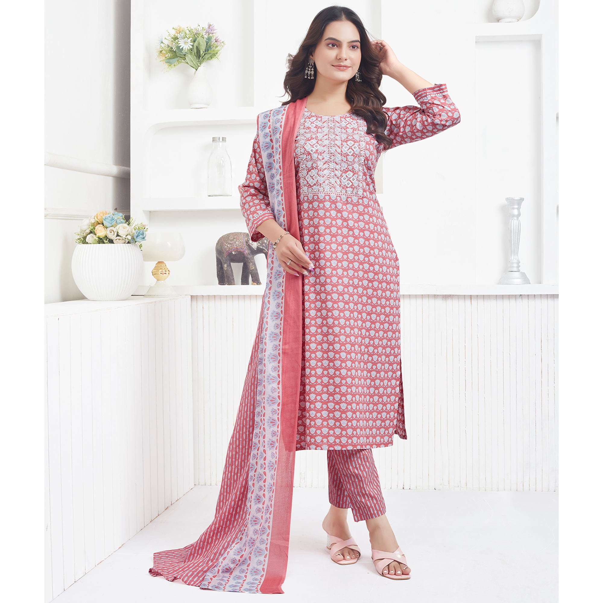 Peach Printed Pure Cotton Salwar Suit With Sequins Work