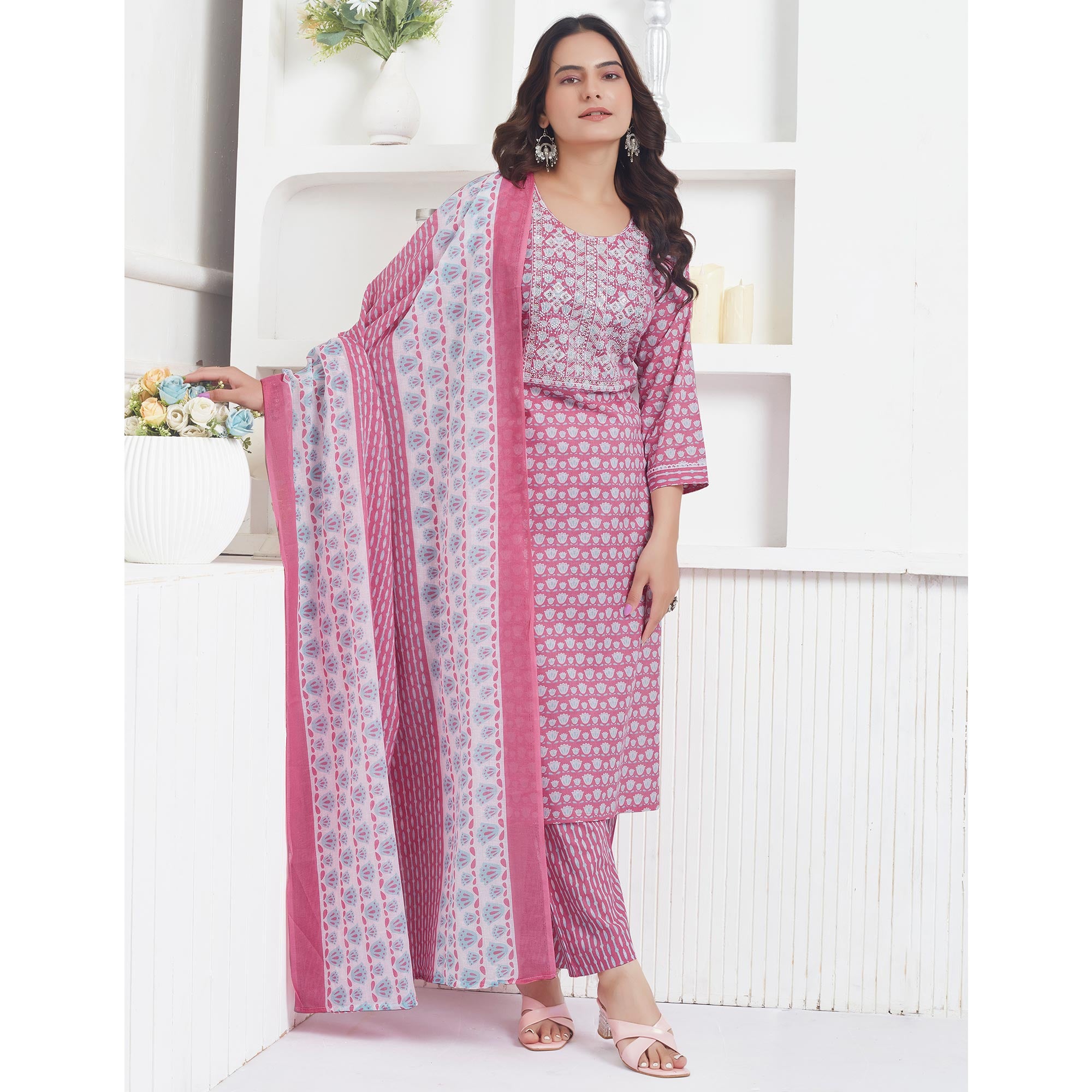 Pink Printed Pure Cotton Salwar Suit With Sequins Work