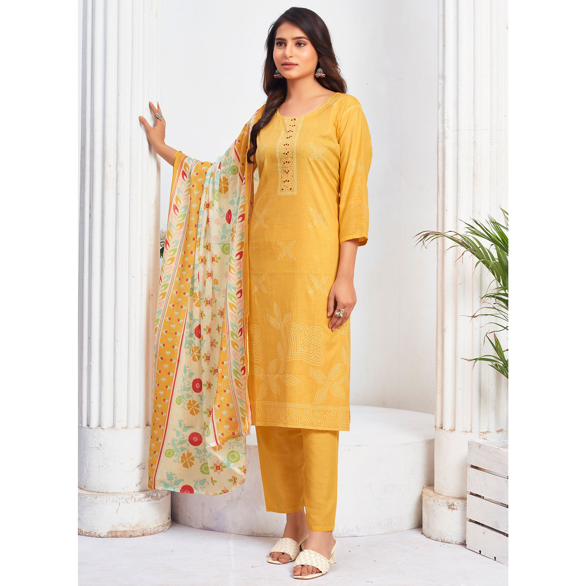 Mustard Floral Printed Pure Cotton Salwar Suit