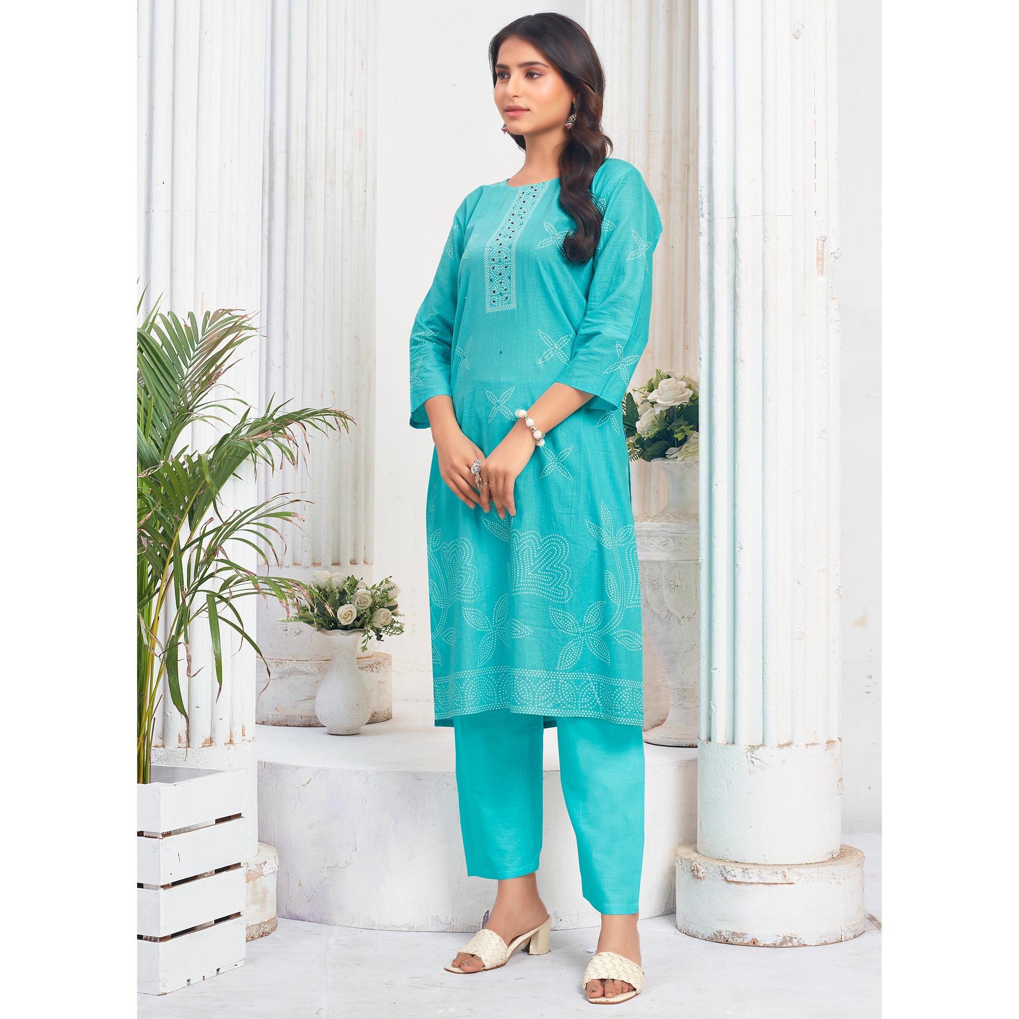 Turquoise Floral Printed Pure Cotton Salwar Suit