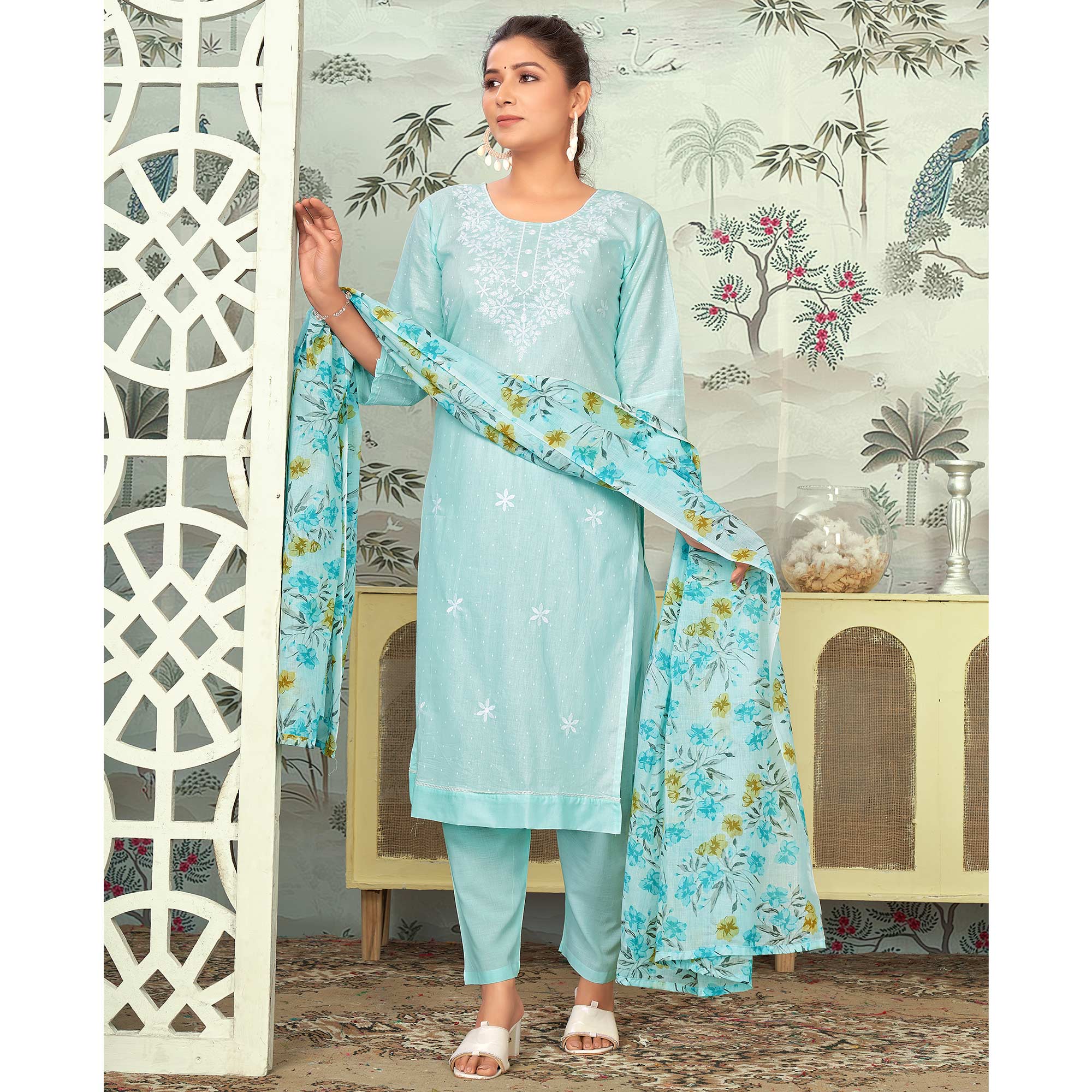 Blue Embroidered Pure Cotton Salwar Suit