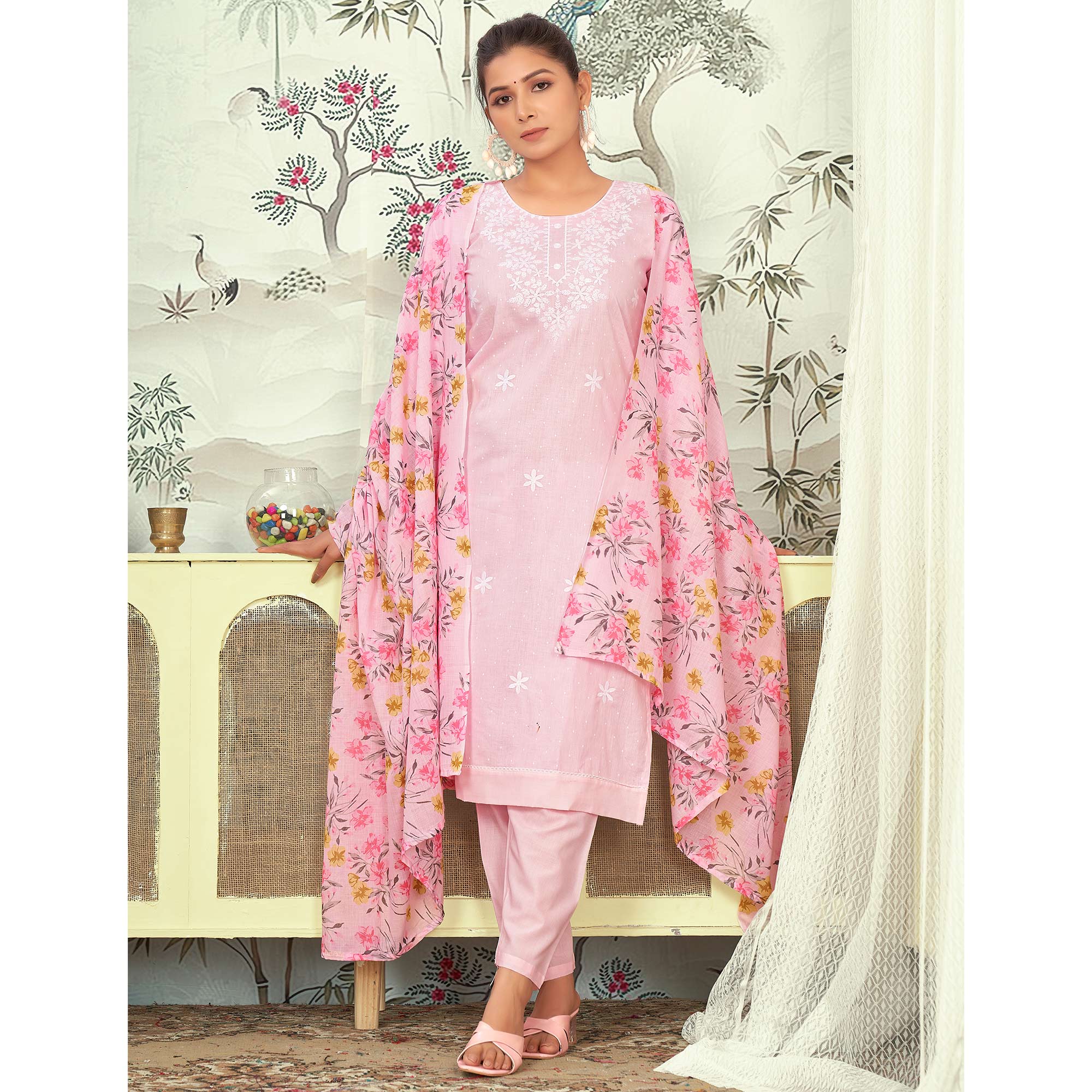 Light Pink Embroidered Pure Cotton Salwar Suit