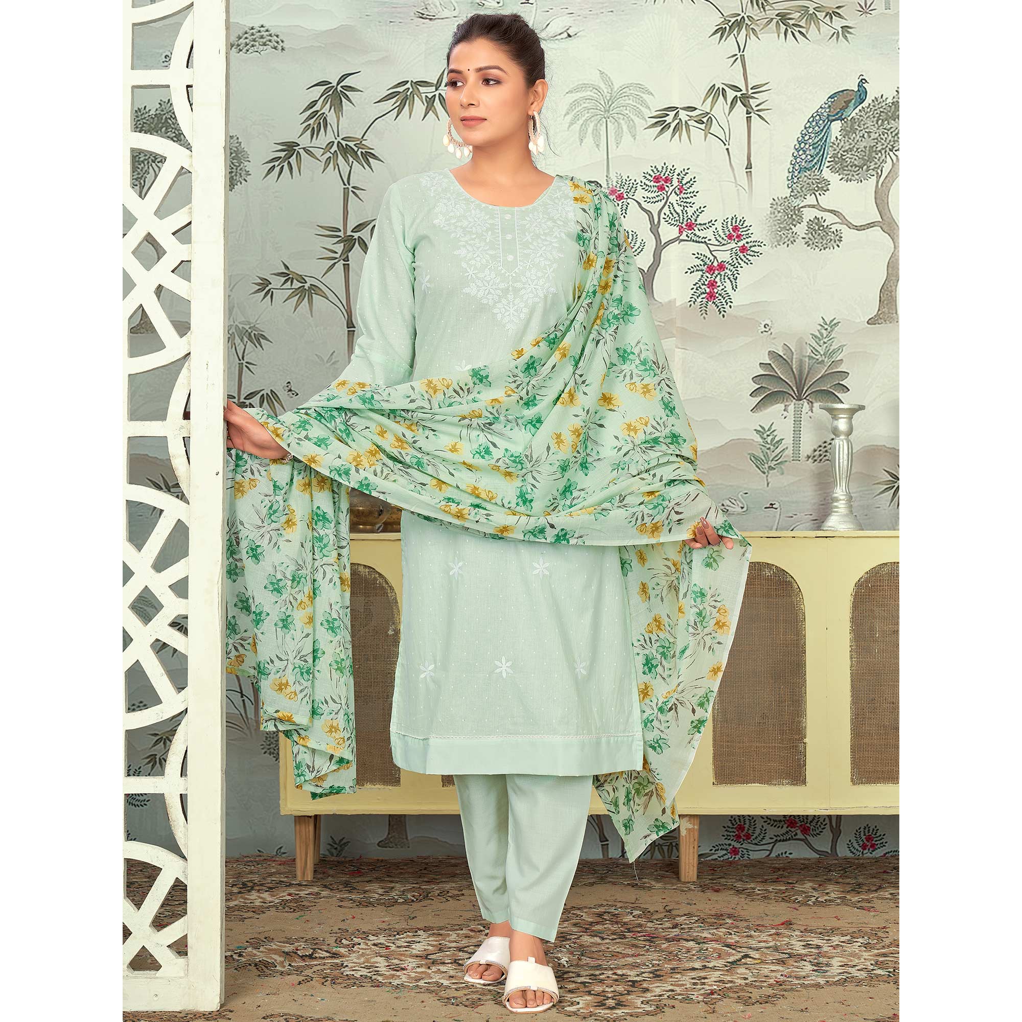 Sea Green Embroidered Pure Cotton Salwar Suit