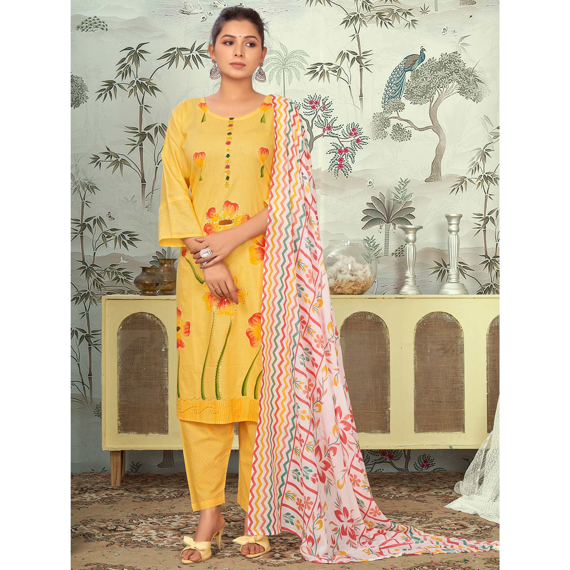 Mustard Floral Printed Pure Cotton Salwar Suit