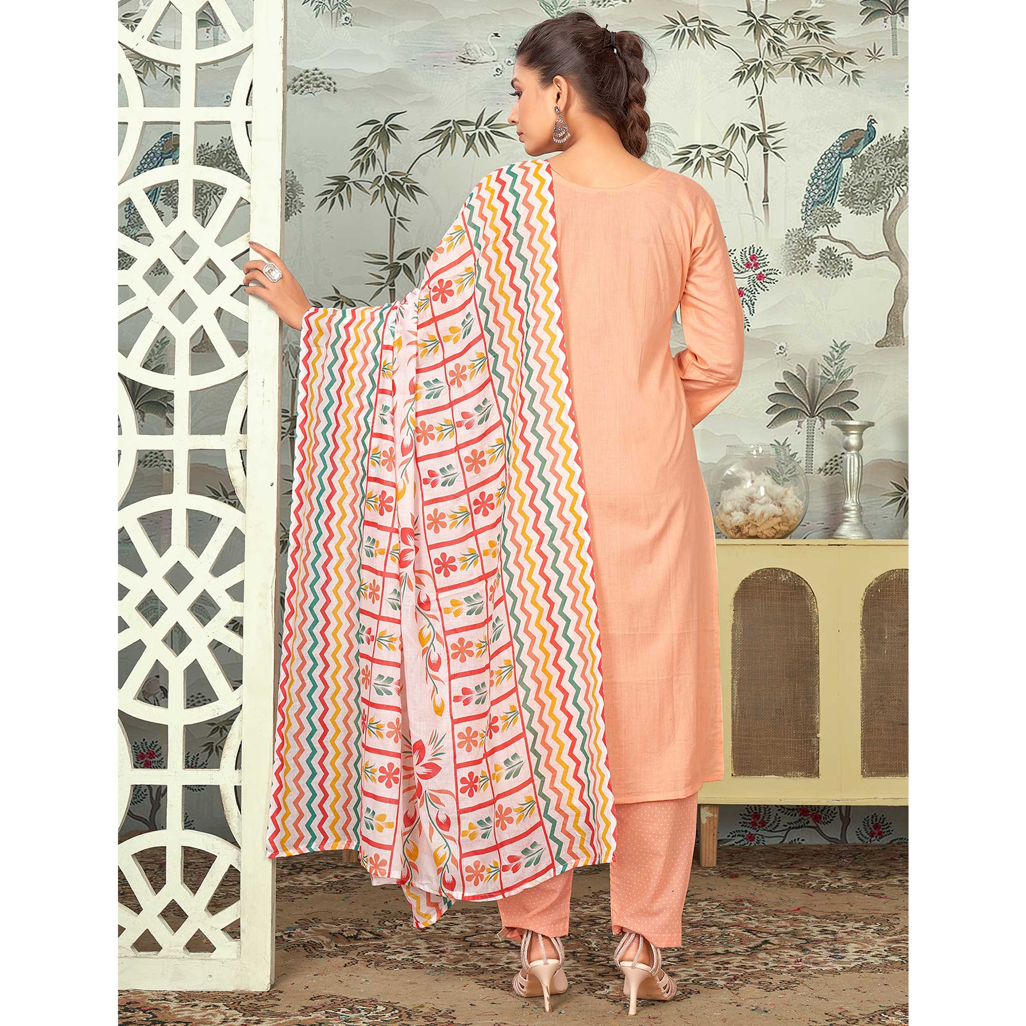 Peach Floral Printed Pure Cotton Salwar Suit