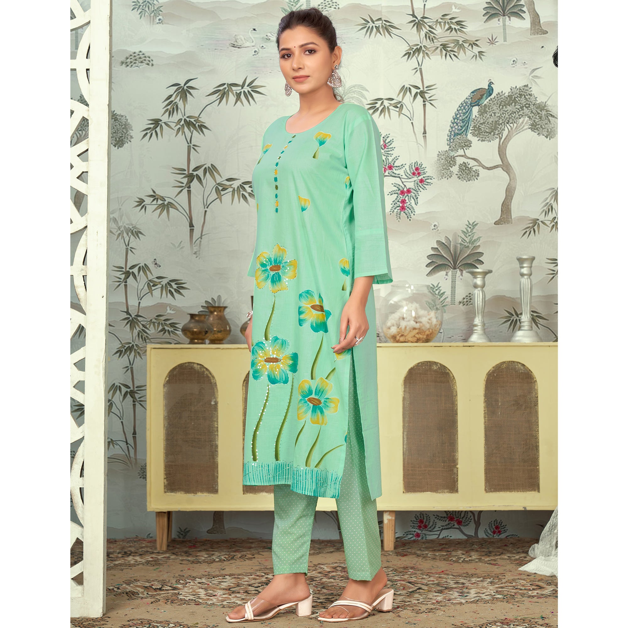 Sea Green Floral Printed Pure Cotton Salwar Suit