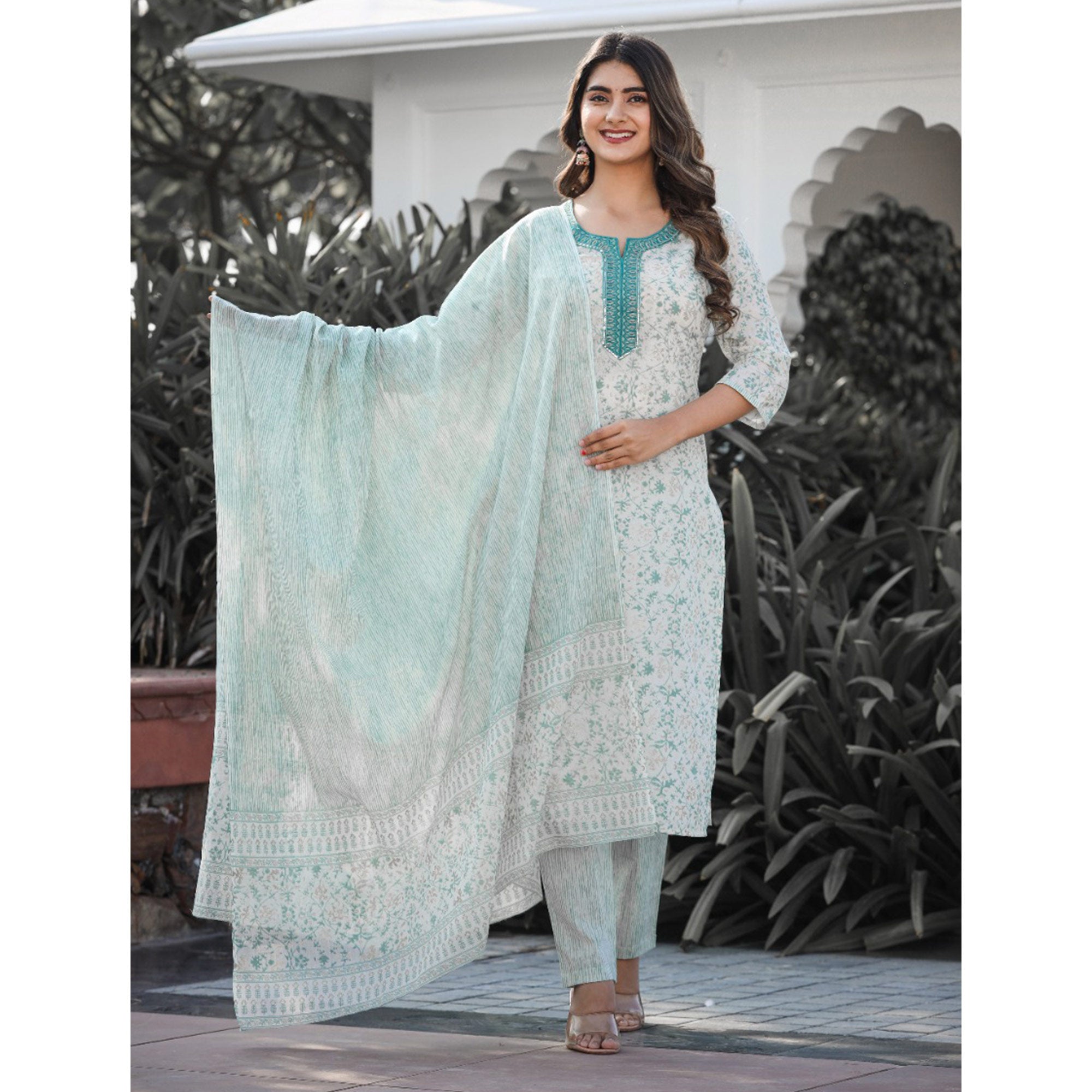 White And Green Jaipuri Printed Pure Cotton Suit