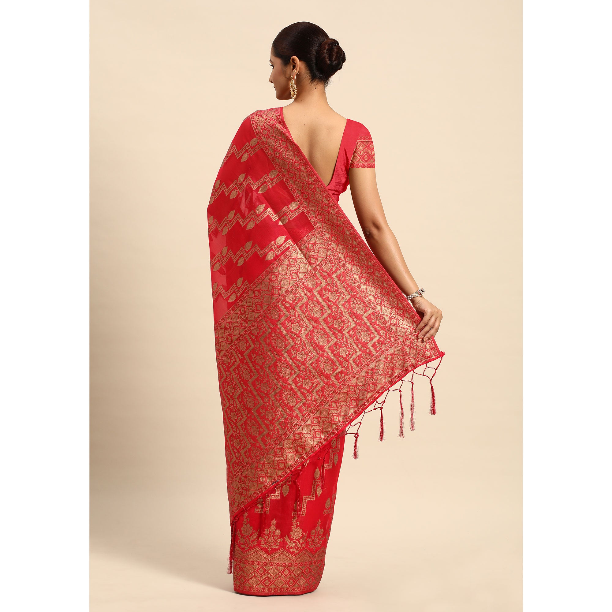 Rani Pink Floral Woven Organza Silk Saree With Tassels