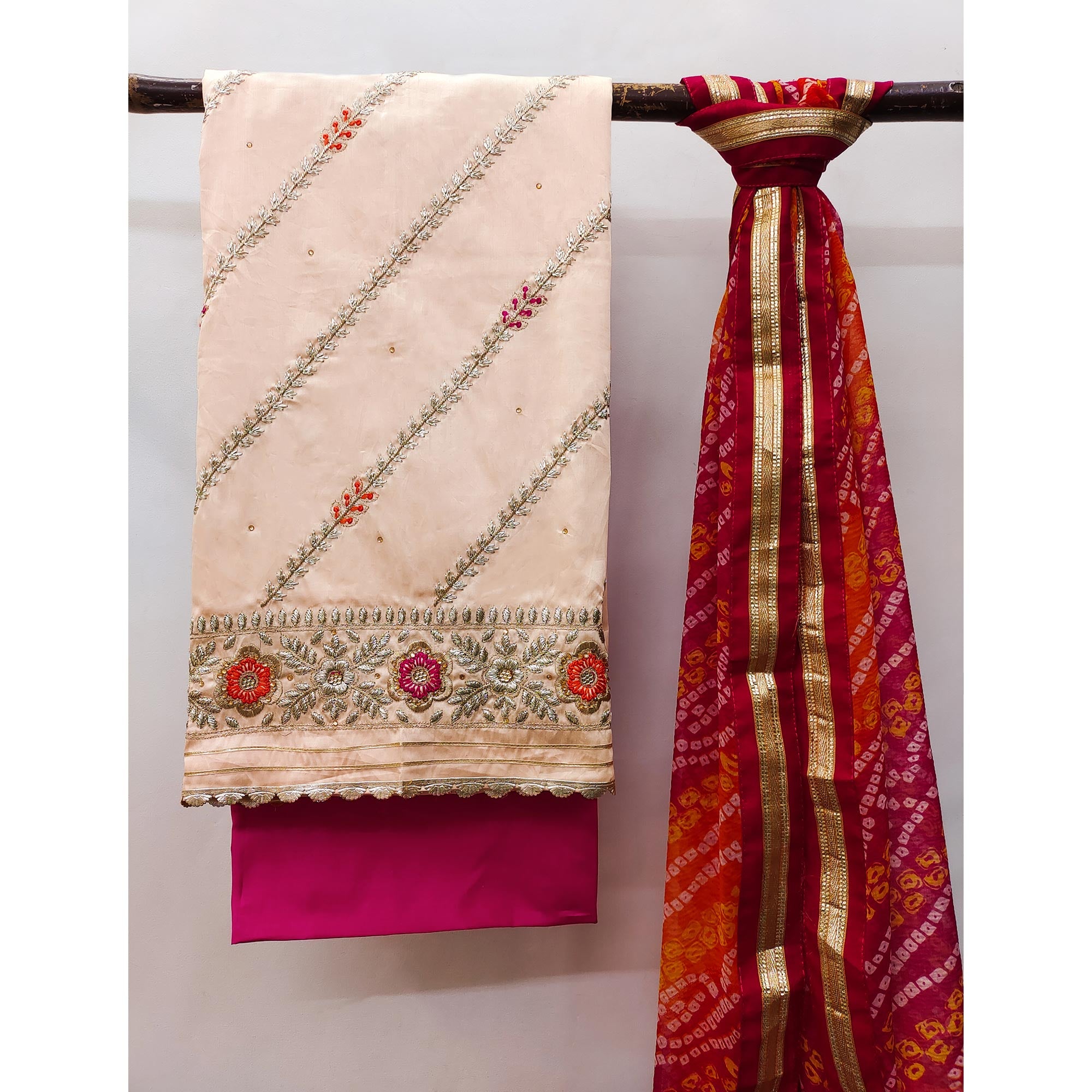 Beige Floral Embroidered Pure Cotton Dress Material