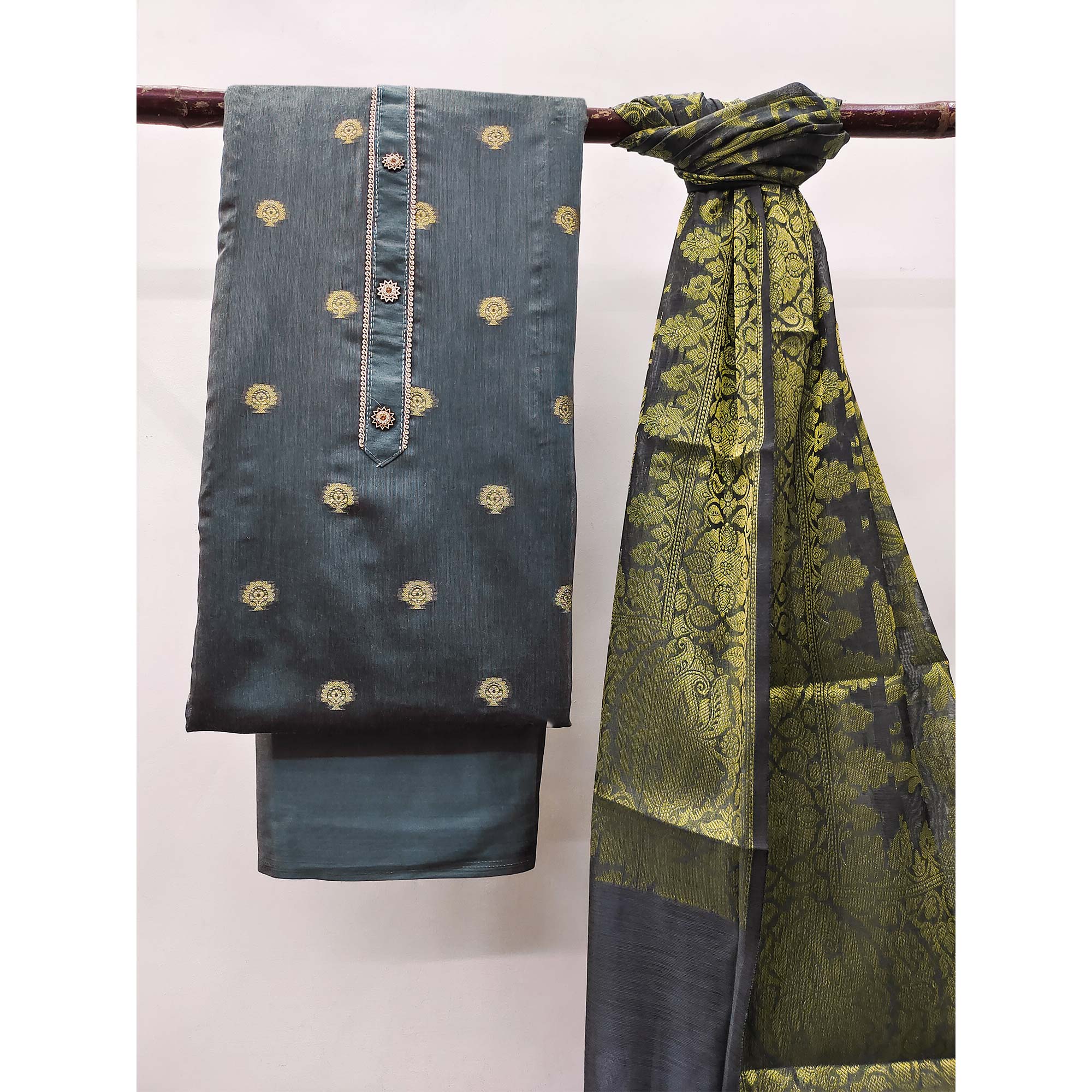 Grey Floral Woven Banarasi Silk Dress Material