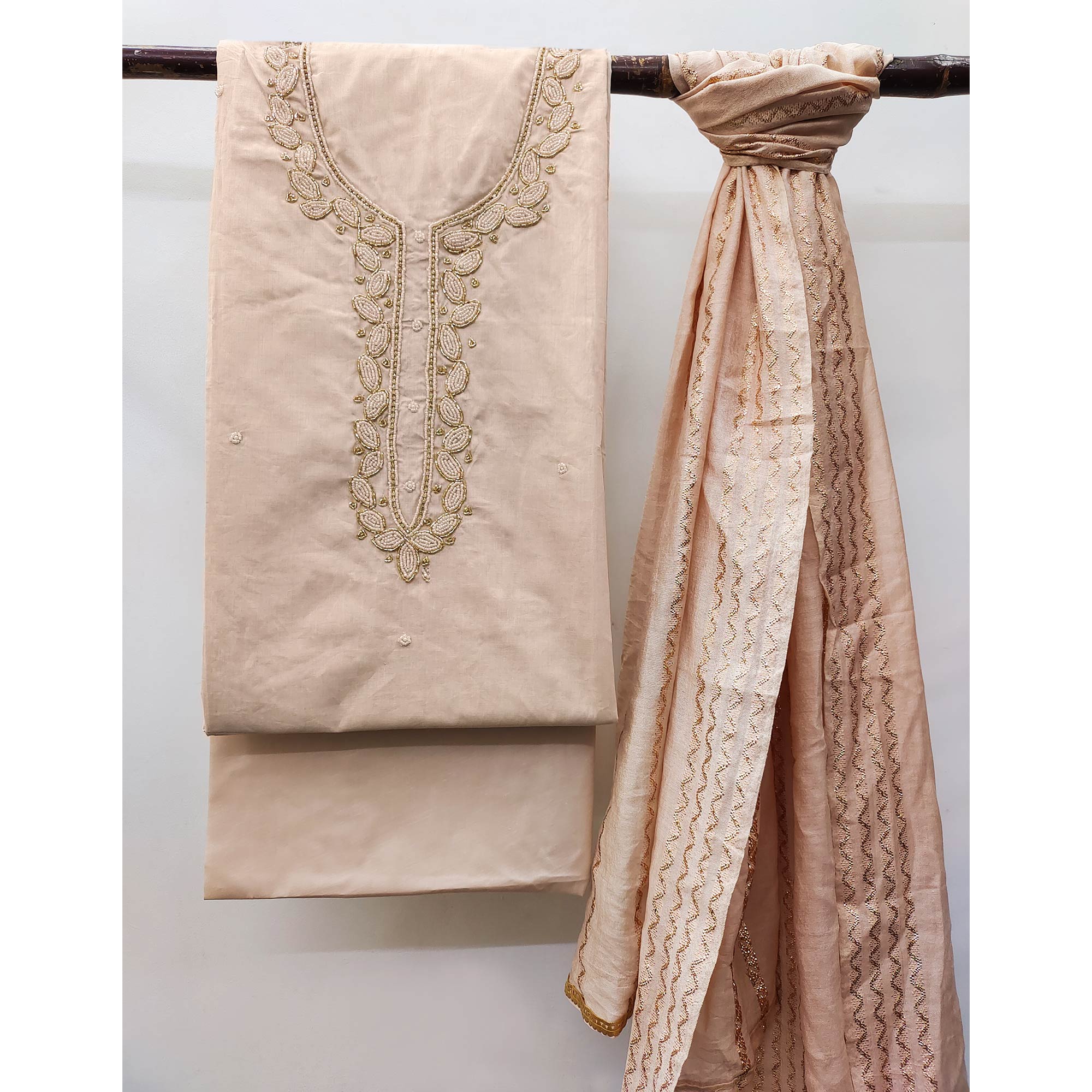 Chikoo Zardosi Moti Work Pure Cotton Dress Material