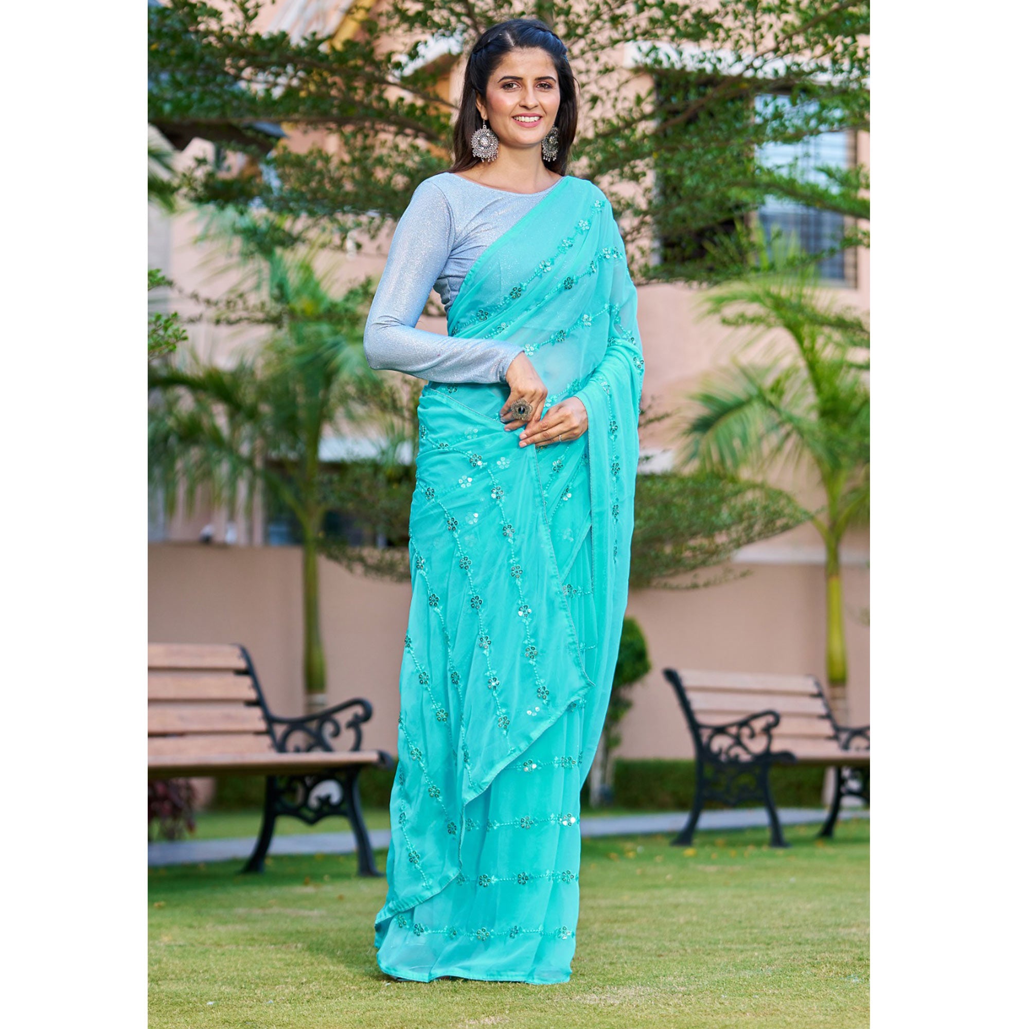 Blue Sequins Embroidered Georgette Saree