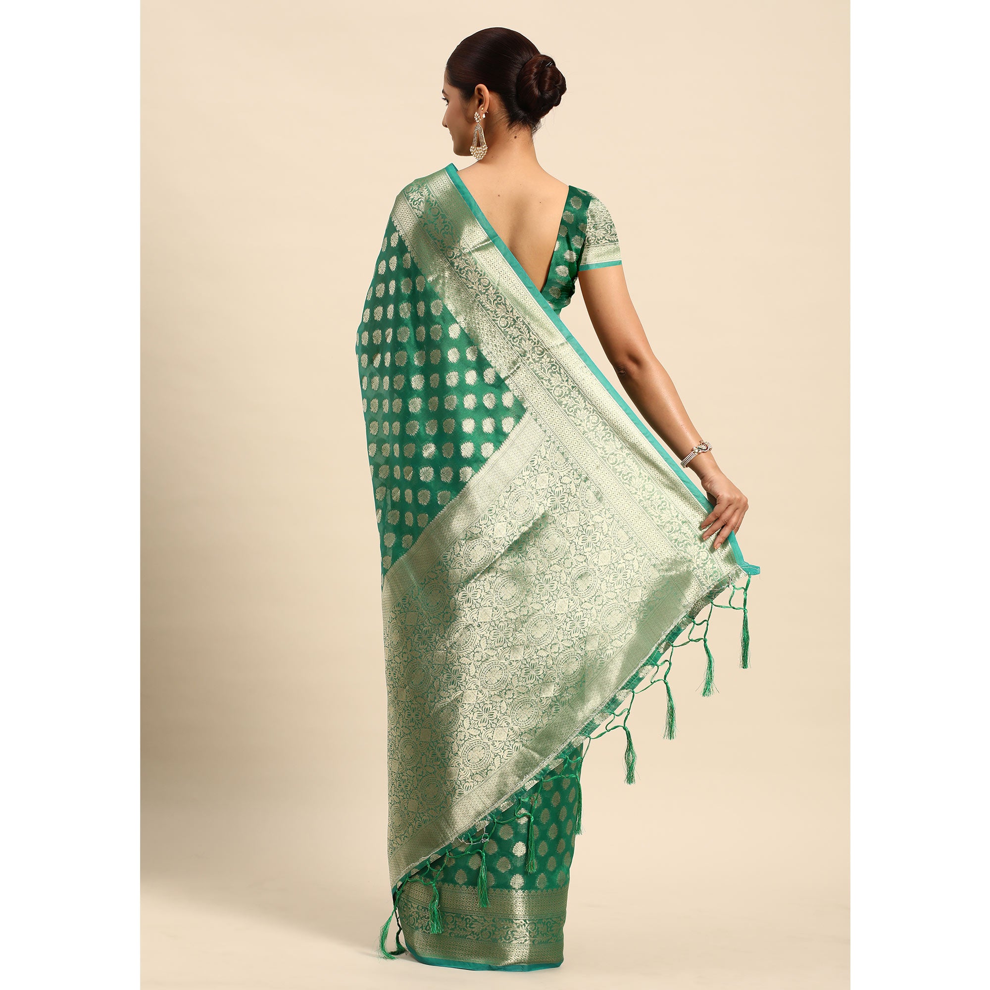 Green Woven Organza Silk Saree With Tassels