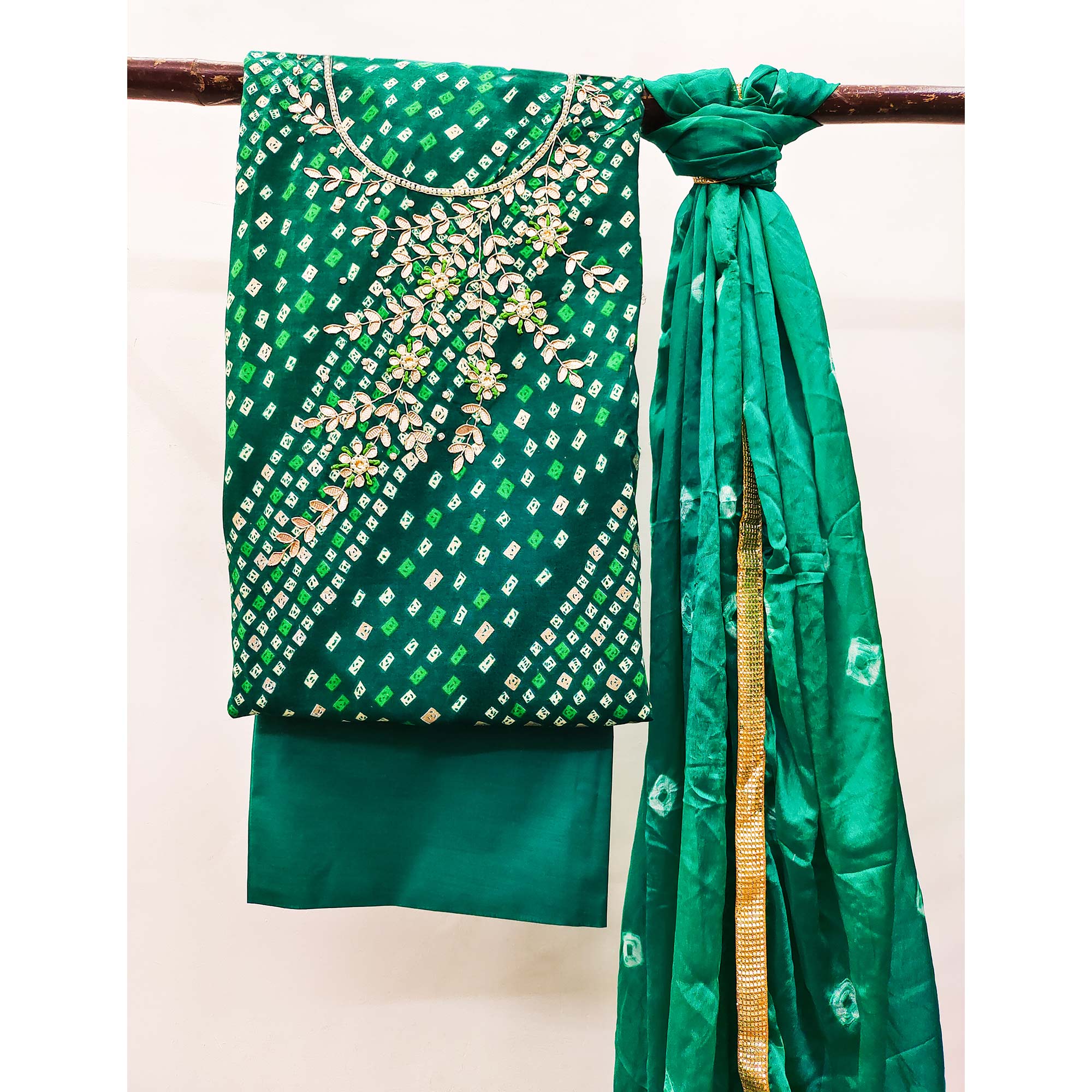 Green Printed With Handwork Pure Cotton Dress Material