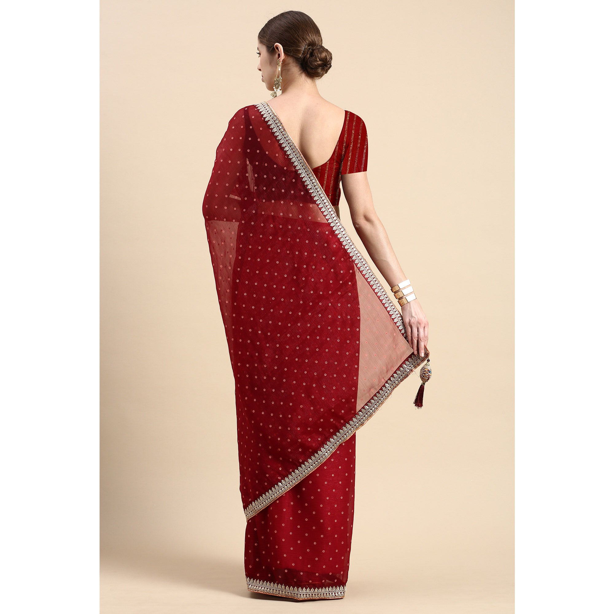 Maroon Foil Printed With Embroidered Border Chiffon Saree