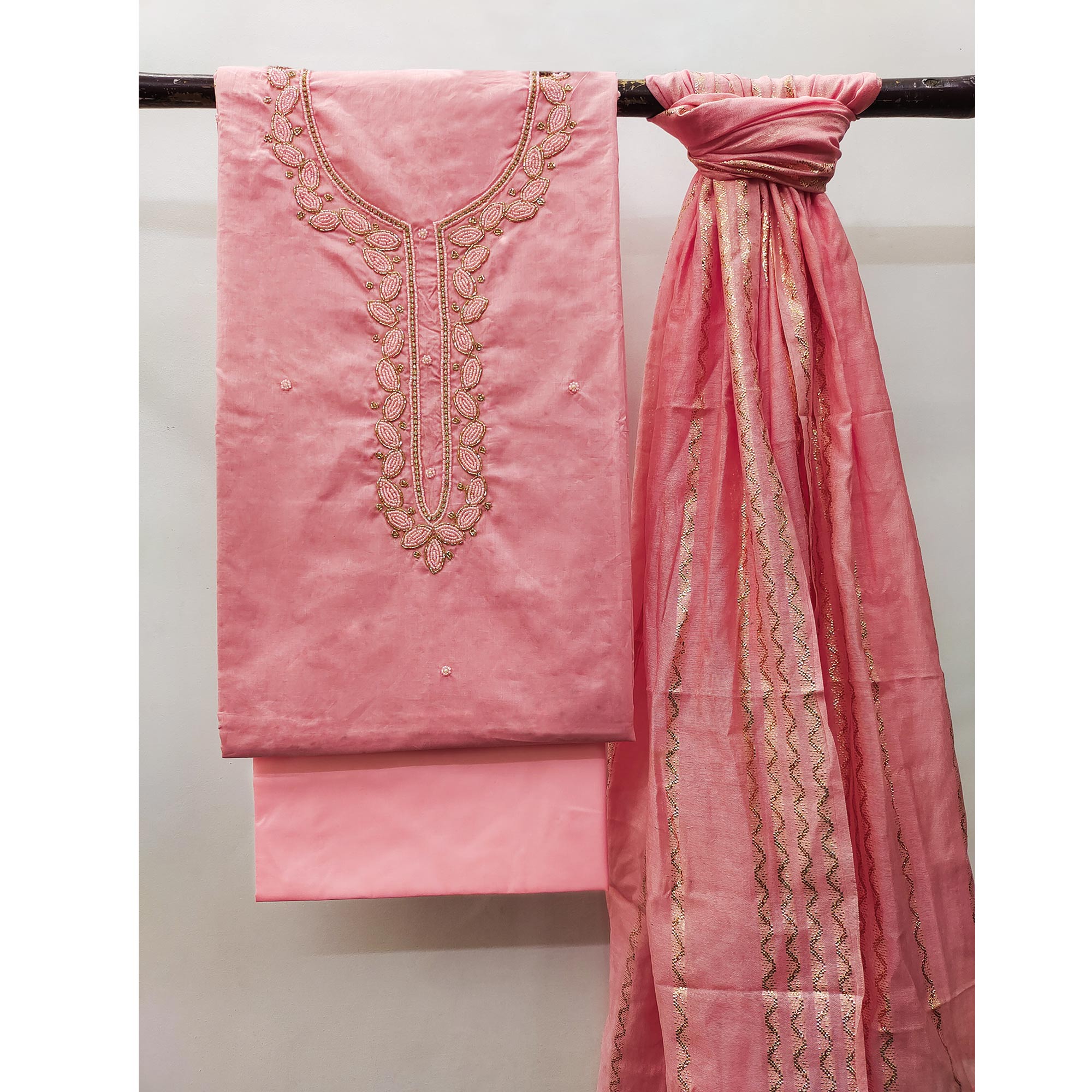 Peach Zardosi Moti Work Pure Cotton Dress Material