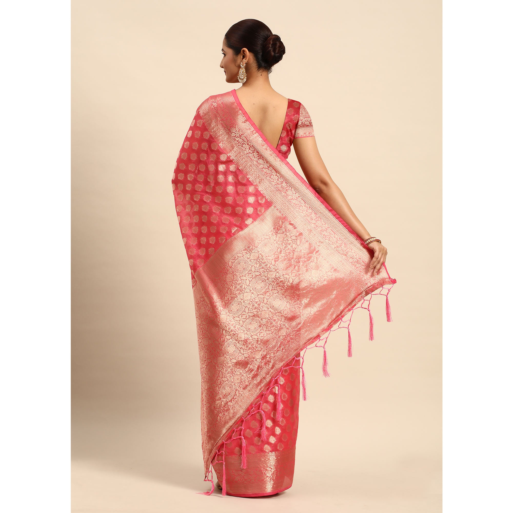 Gajari Pink Woven Organza Silk Saree With Tassels