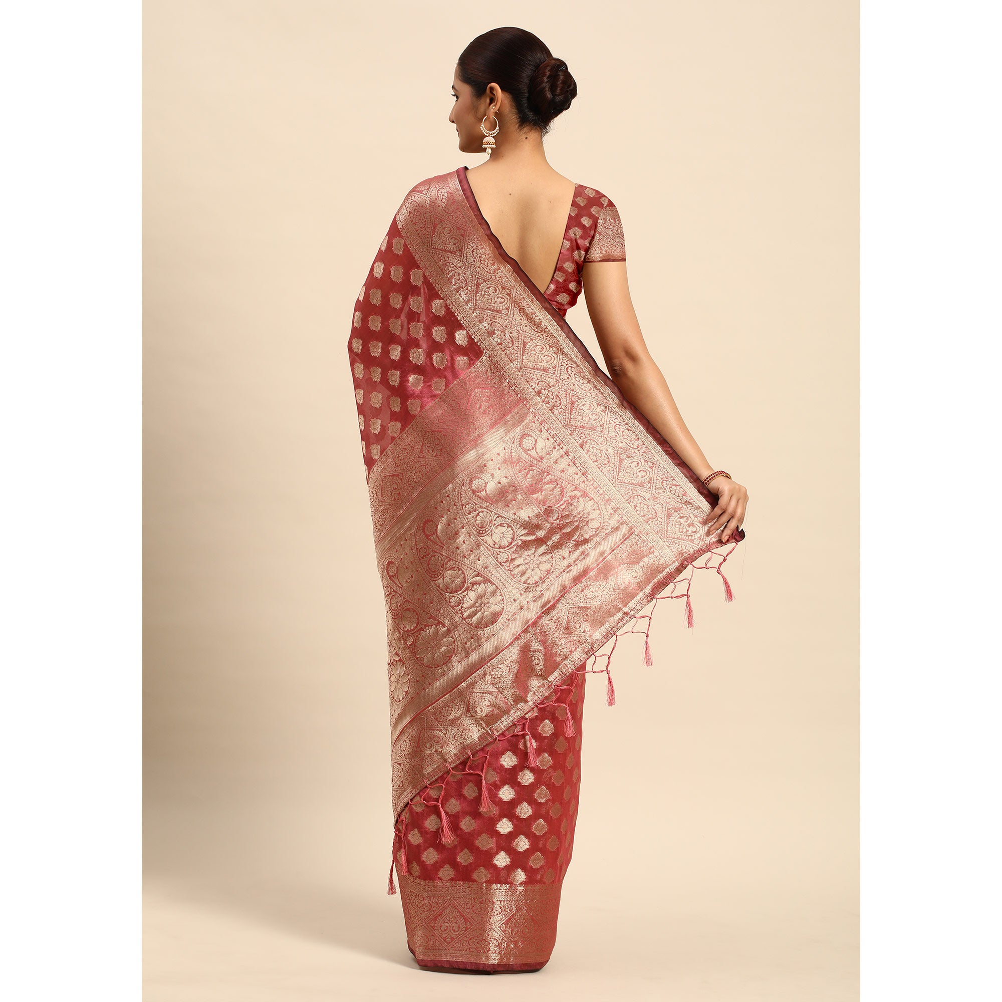 Pink Woven Organza Silk Saree With Tassels