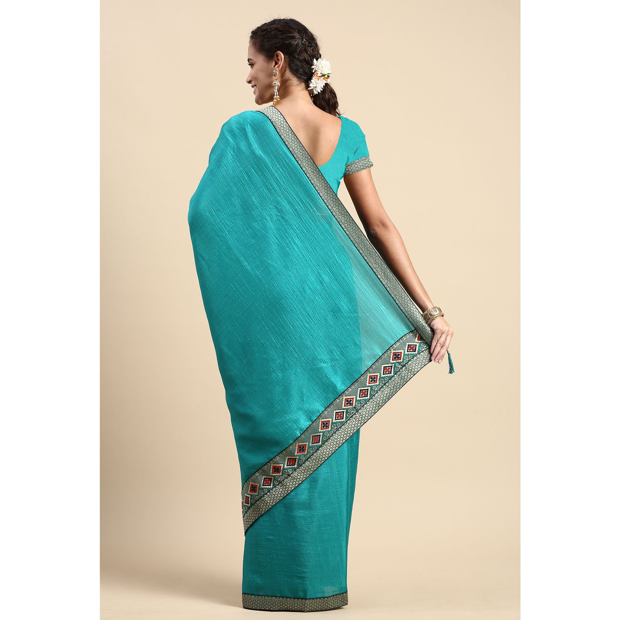 Turquoise Blue Solid Vichitra Silk Saree With Fancy Border