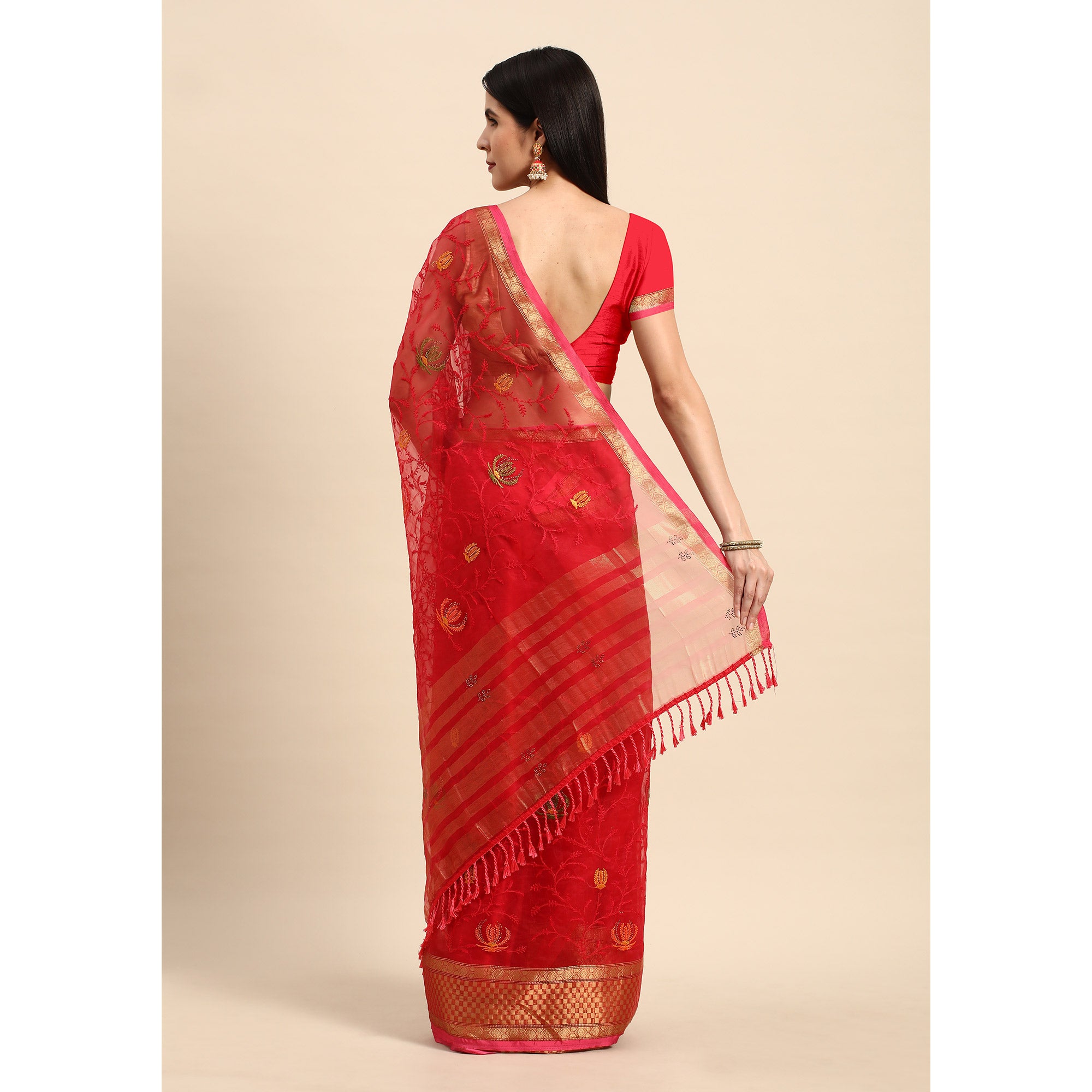 Pink Floral Embroidered Organza Saree