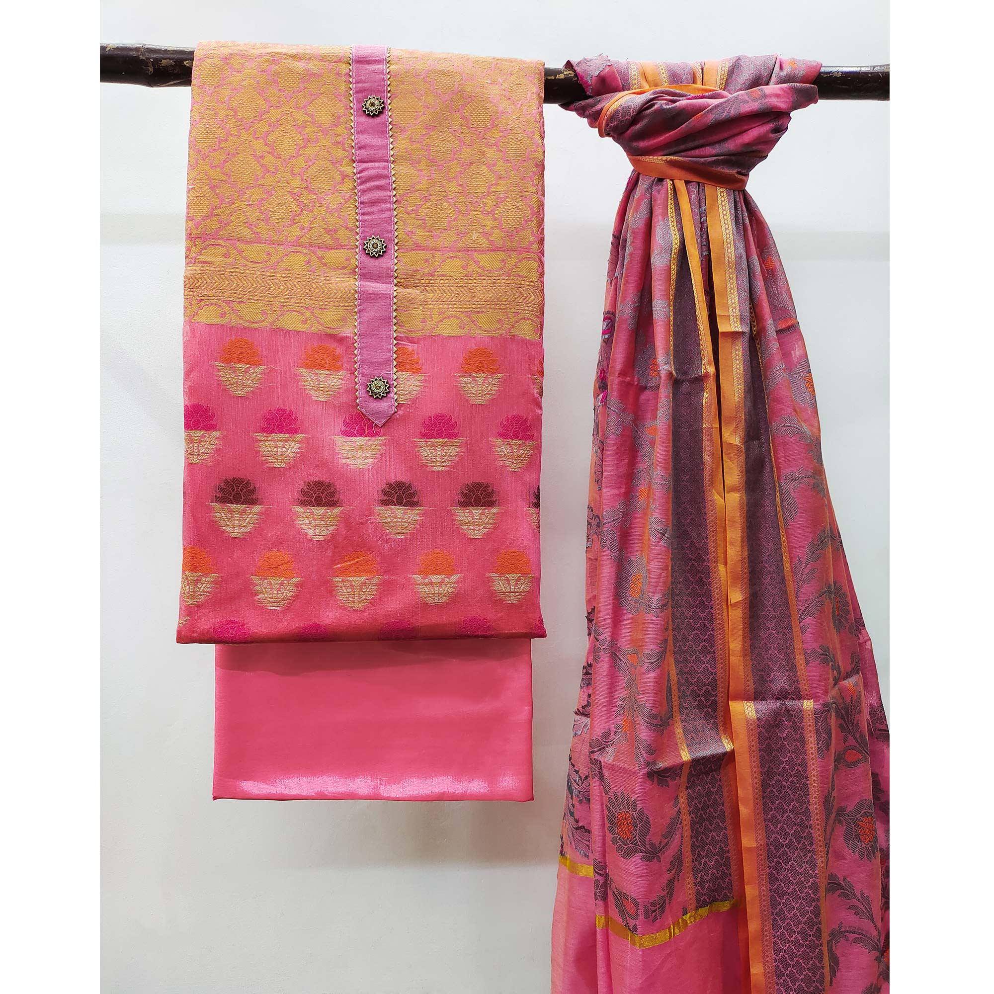 Pink Floral Woven Banarasi Silk Dress Material
