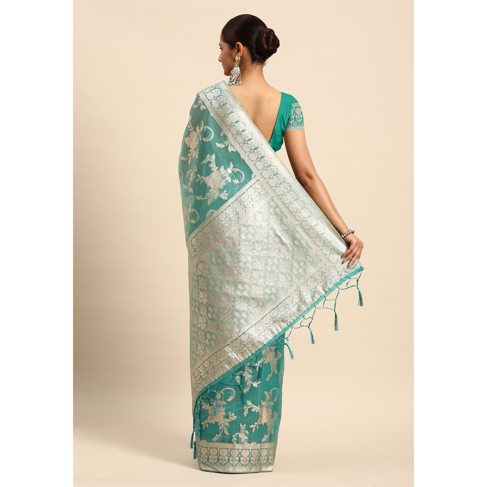 Turquoise Floral Woven Organza Silk Saree With Tassels