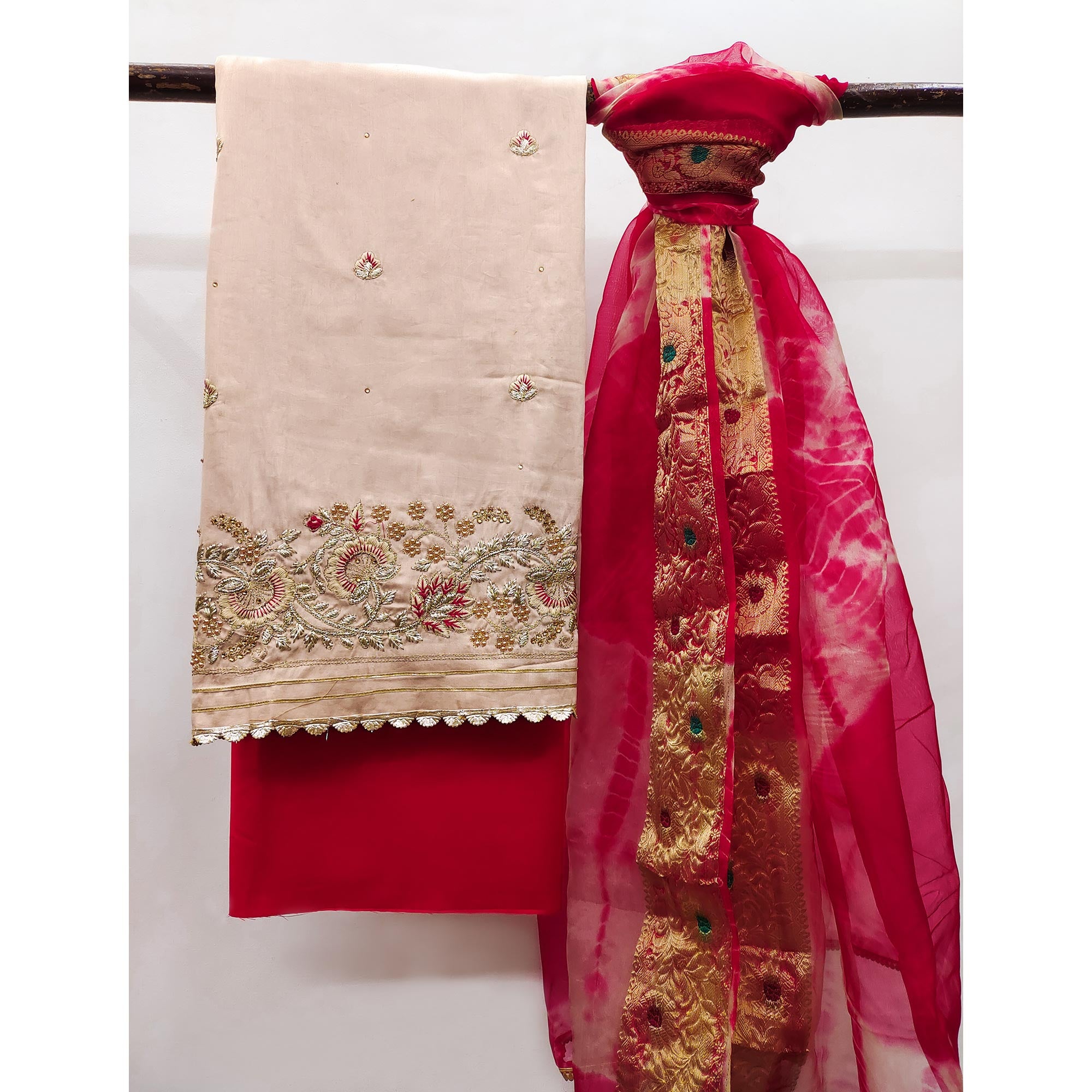 Beige Floral Embroidered Pure Cotton Dress Material