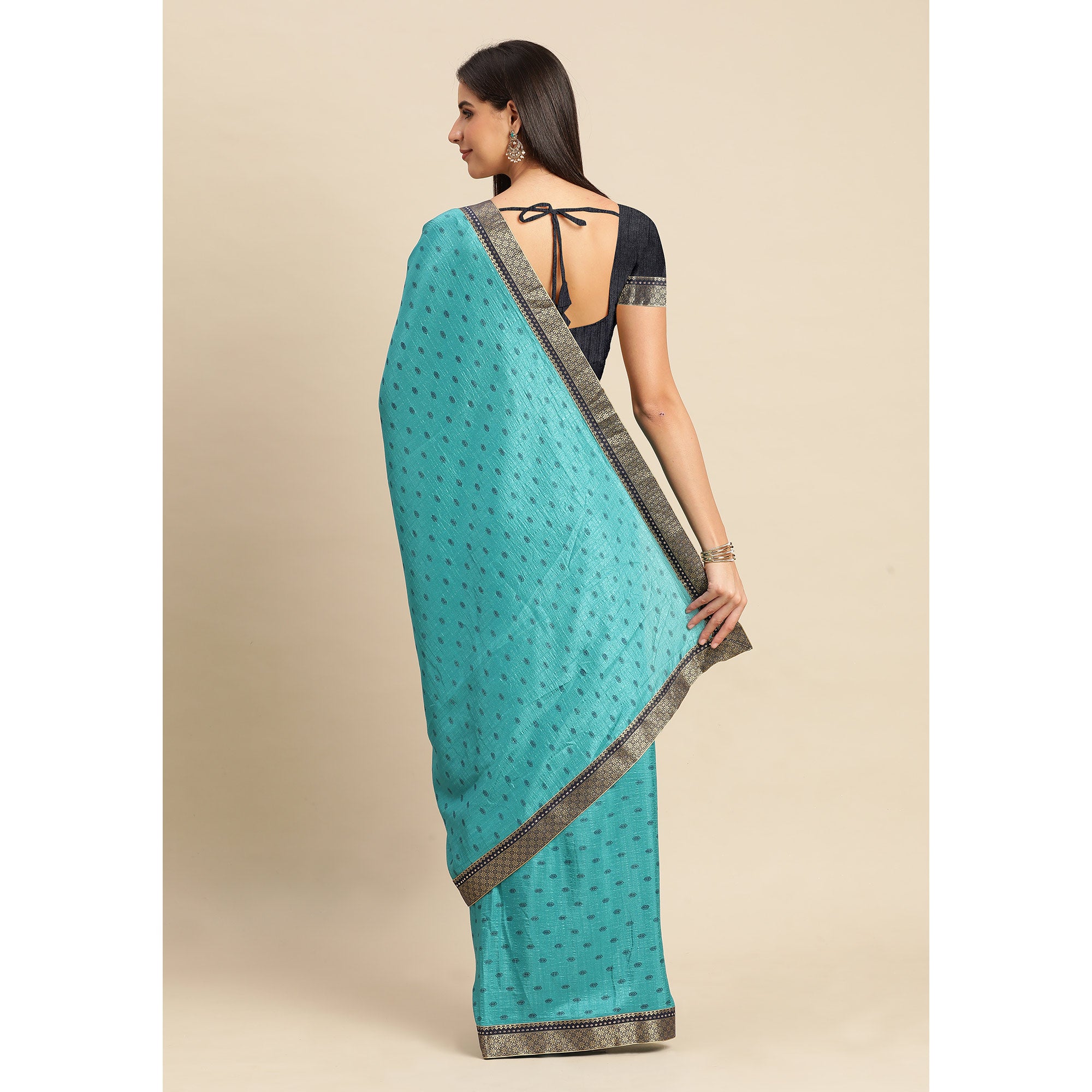 Rama Blue Printed Vichitra Silk Saree