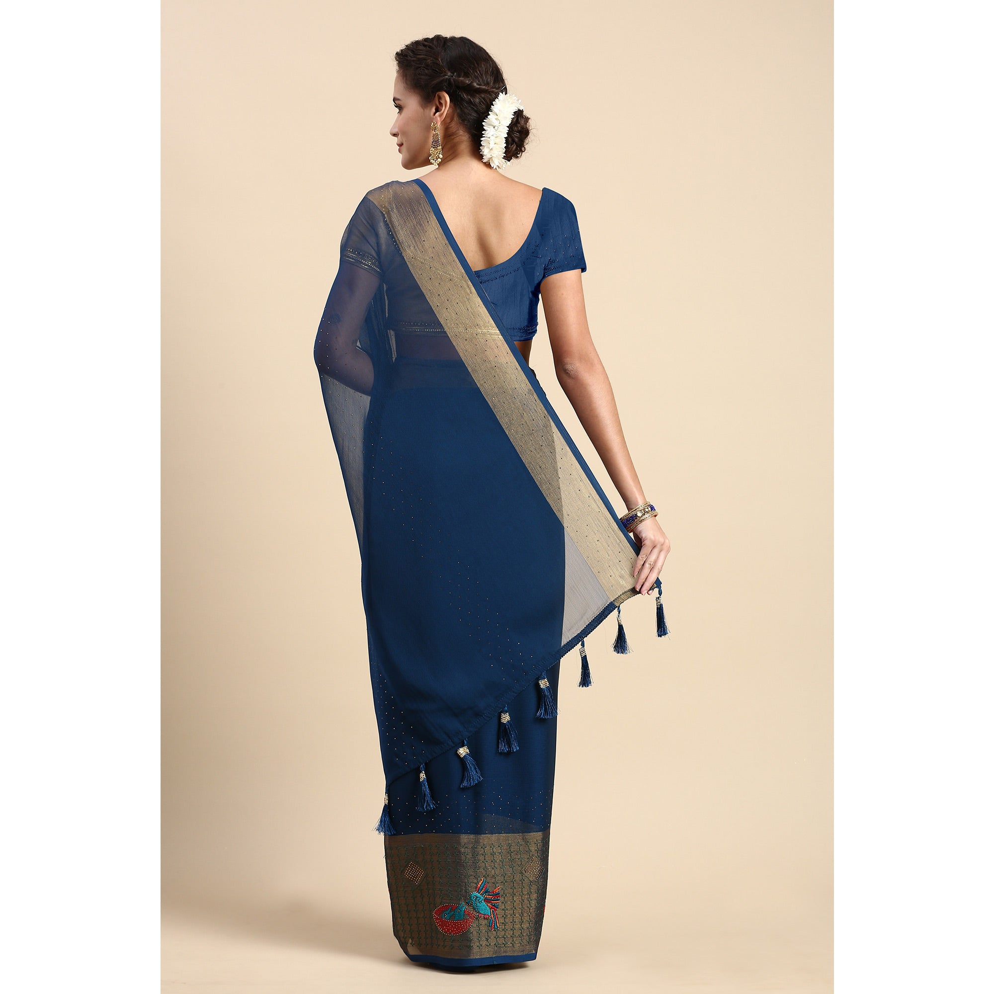 Blue Embroidered With Swarovski Work Viscose Saree