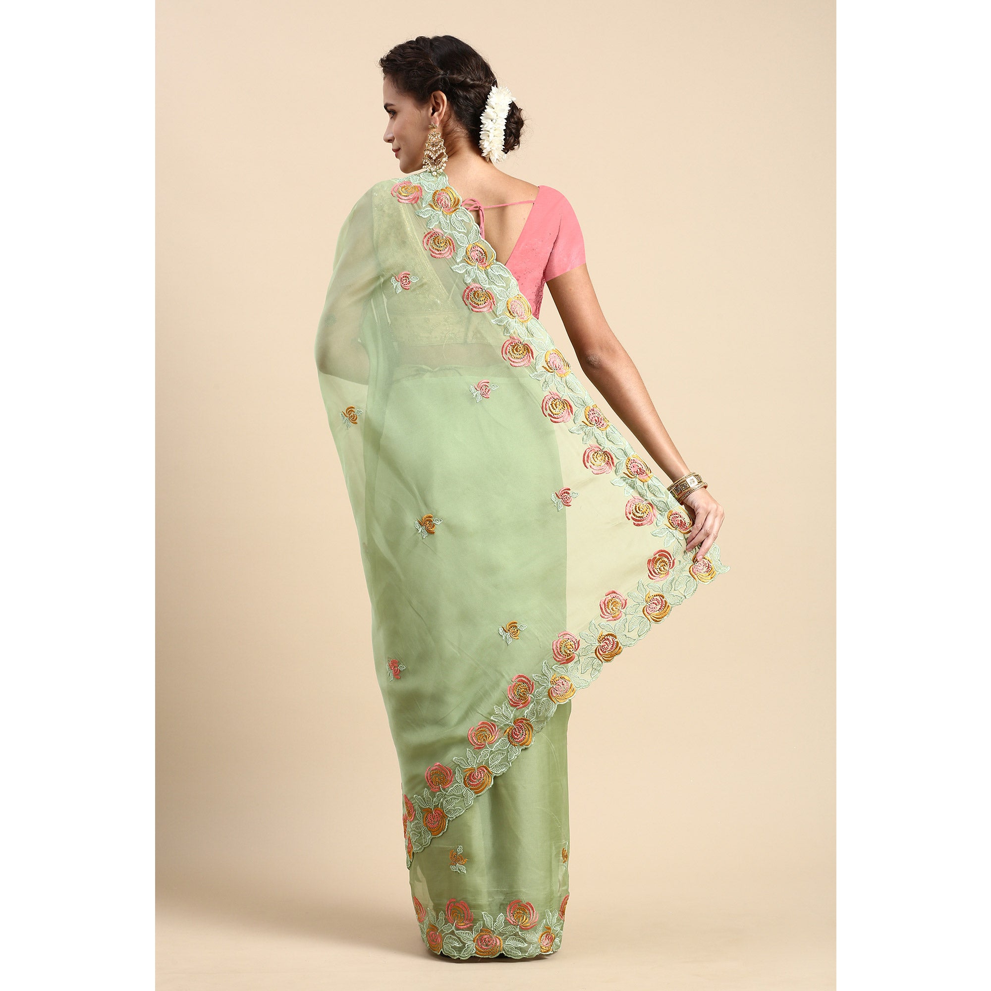 Green Floral Embroidered Organza Saree