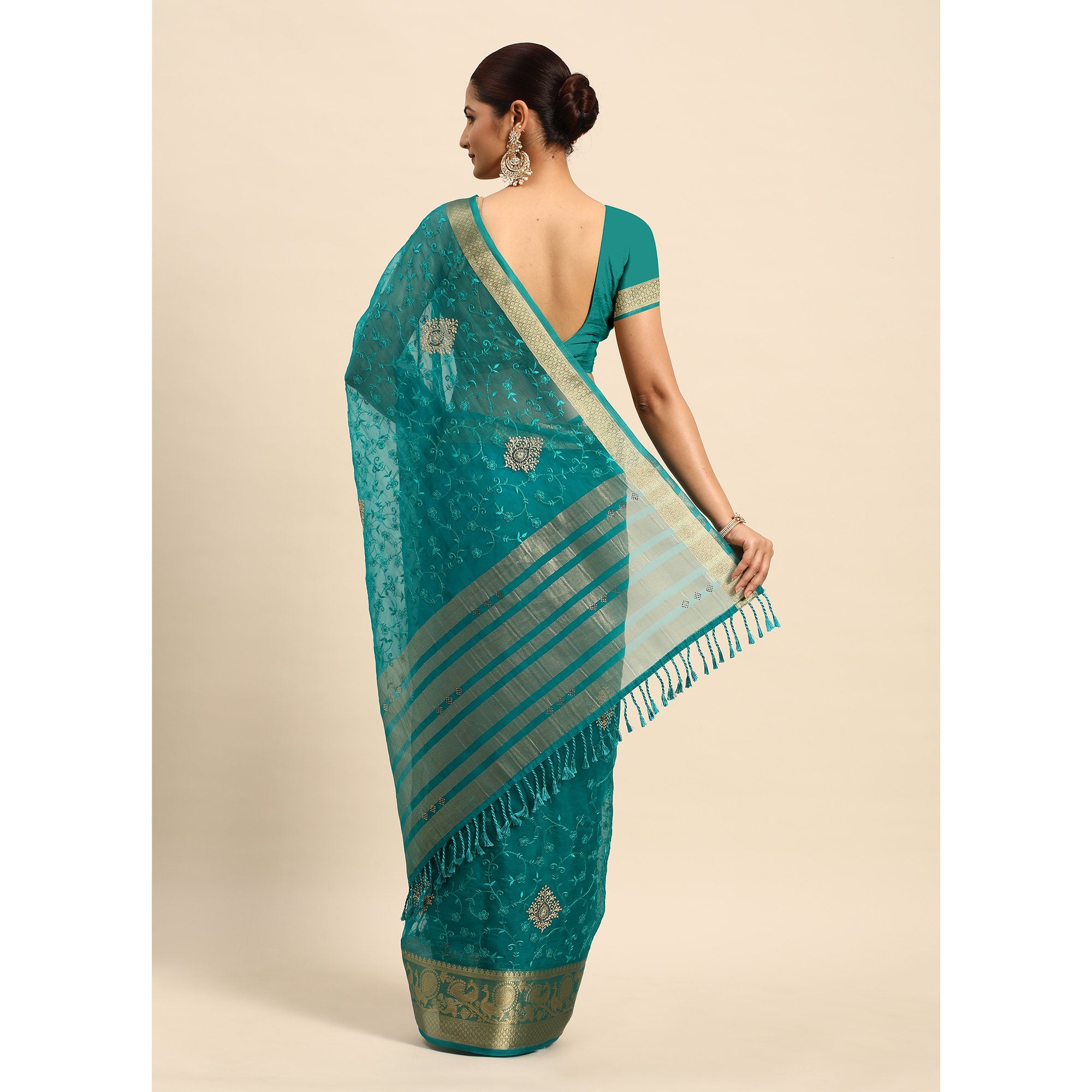 Blue Floral Embroidered Organza Saree