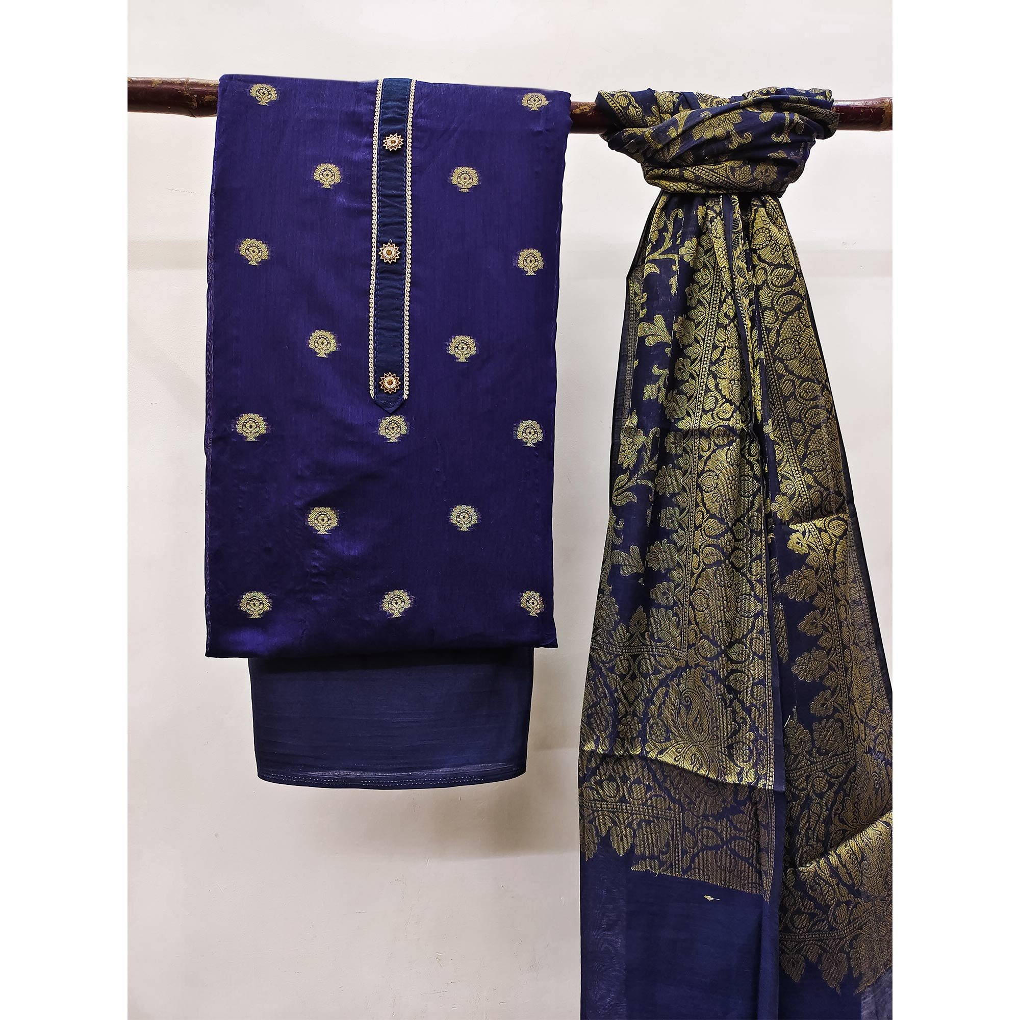 Navy Blue Floral Woven Banarasi Silk Dress Material