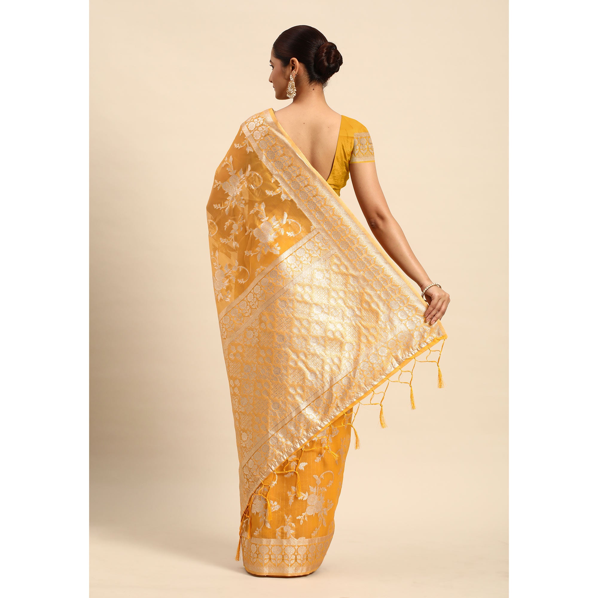 Yellow Floral Woven Organza Silk Saree With Tassels