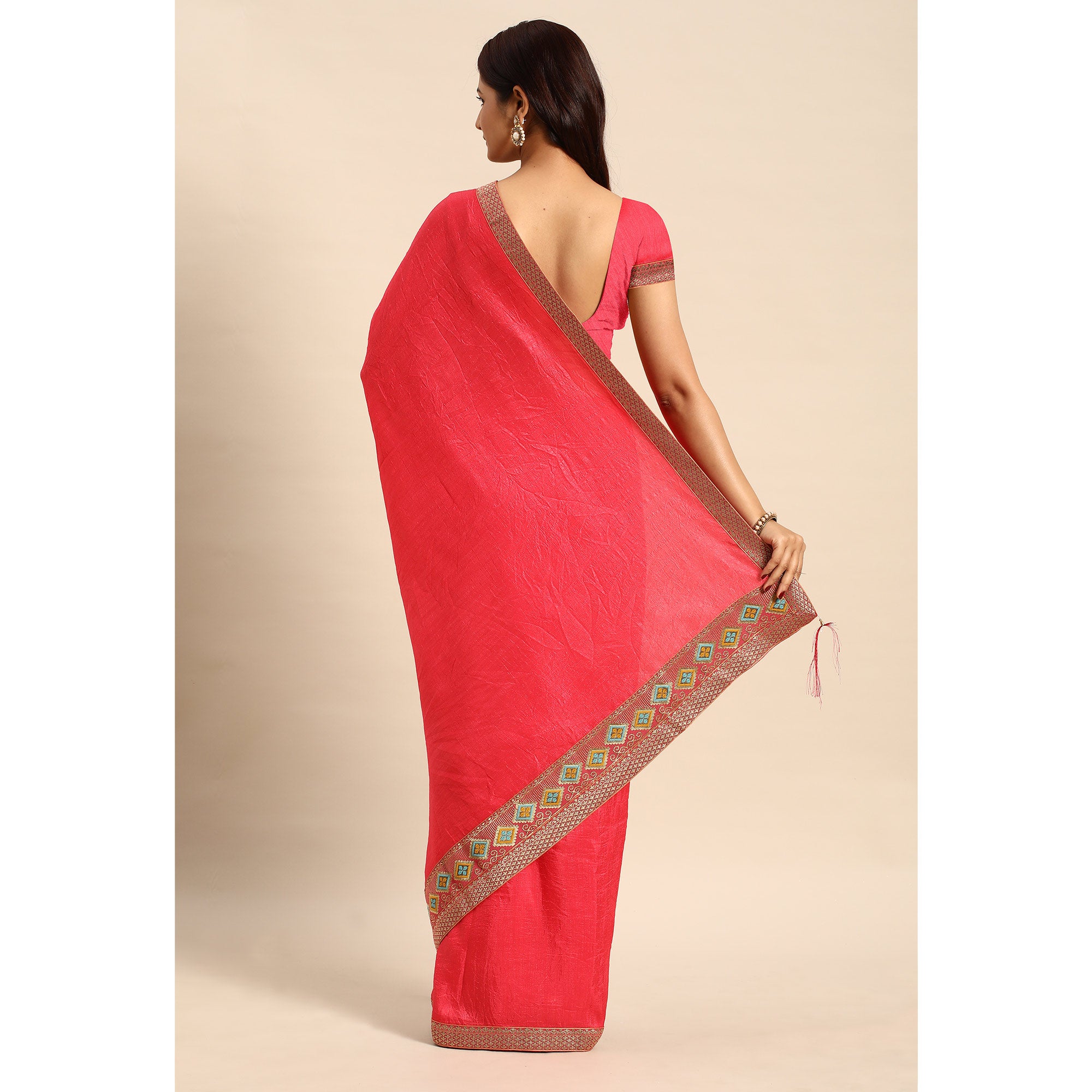 Pink Solid Vichitra Silk Saree With Fancy Border