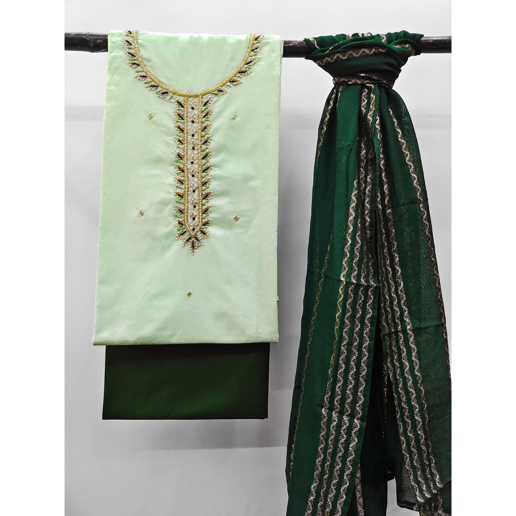 Green Zardosi Moti Work Pure Cotton Dress Material