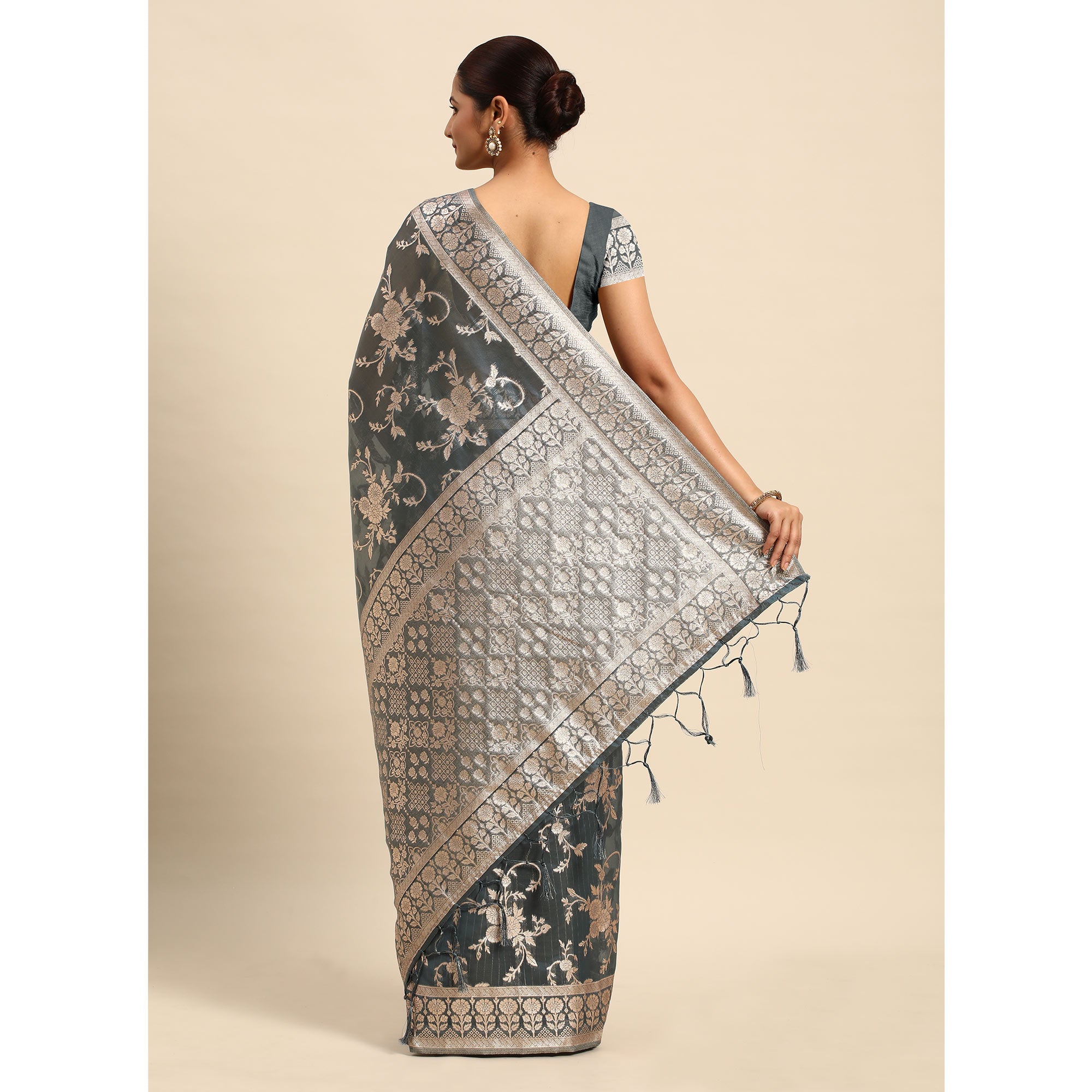 Grey Floral Woven Organza Silk Saree With Tassels