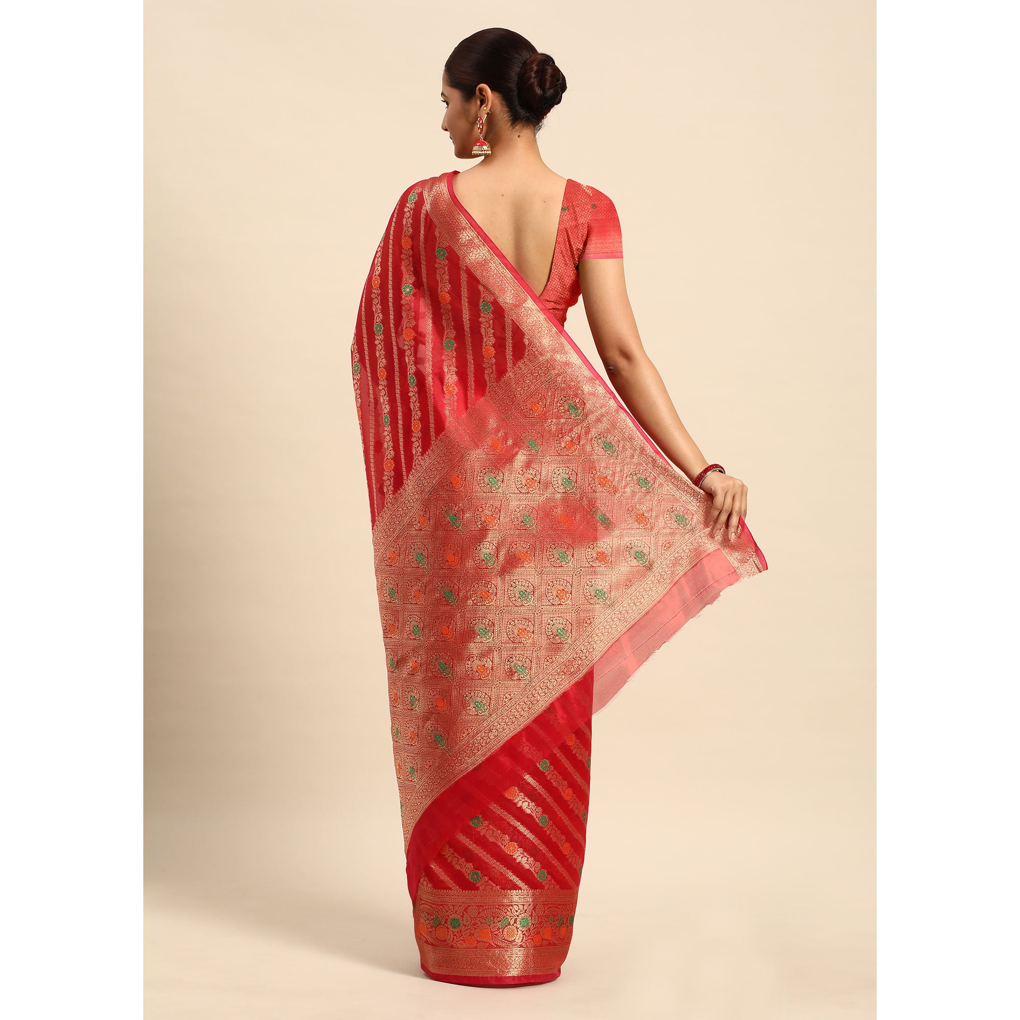 Pink Floral Woven Organza Silk Saree