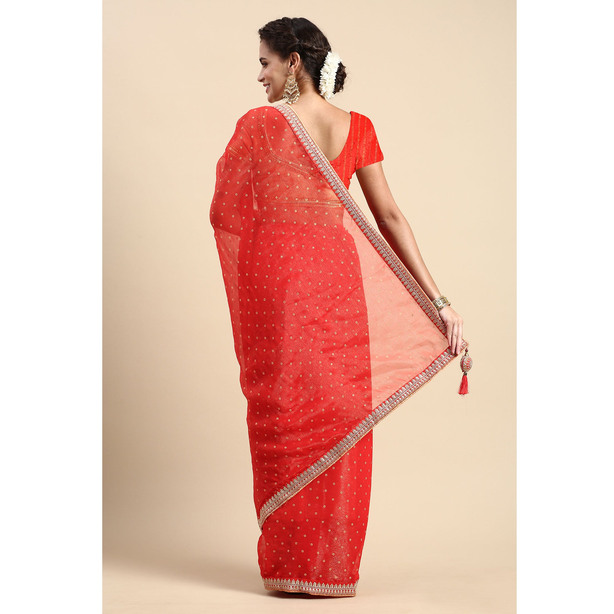 Red Foil Printed With Embroidered Border Chiffon Saree