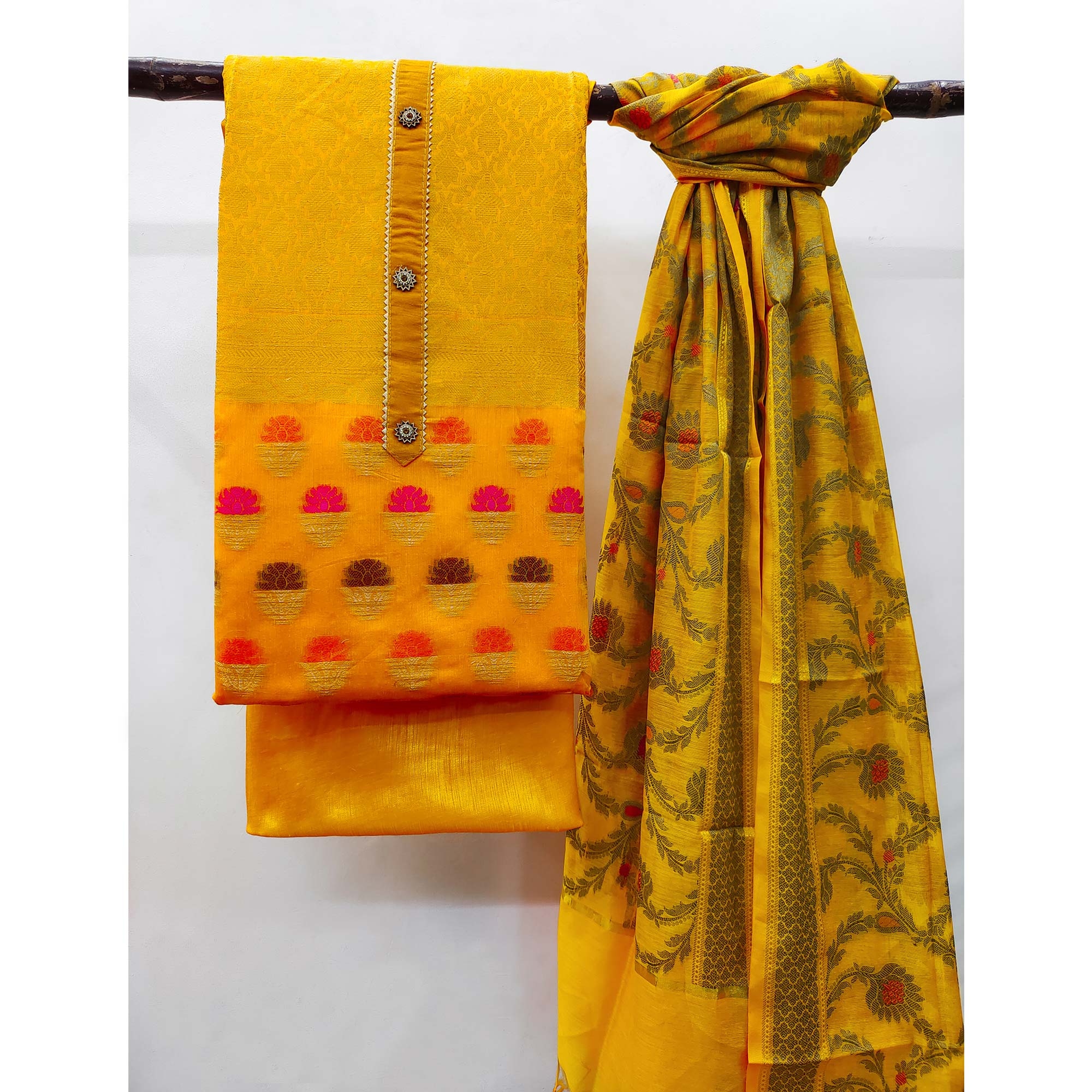 Yellow Floral Woven Banarasi Silk Dress Material